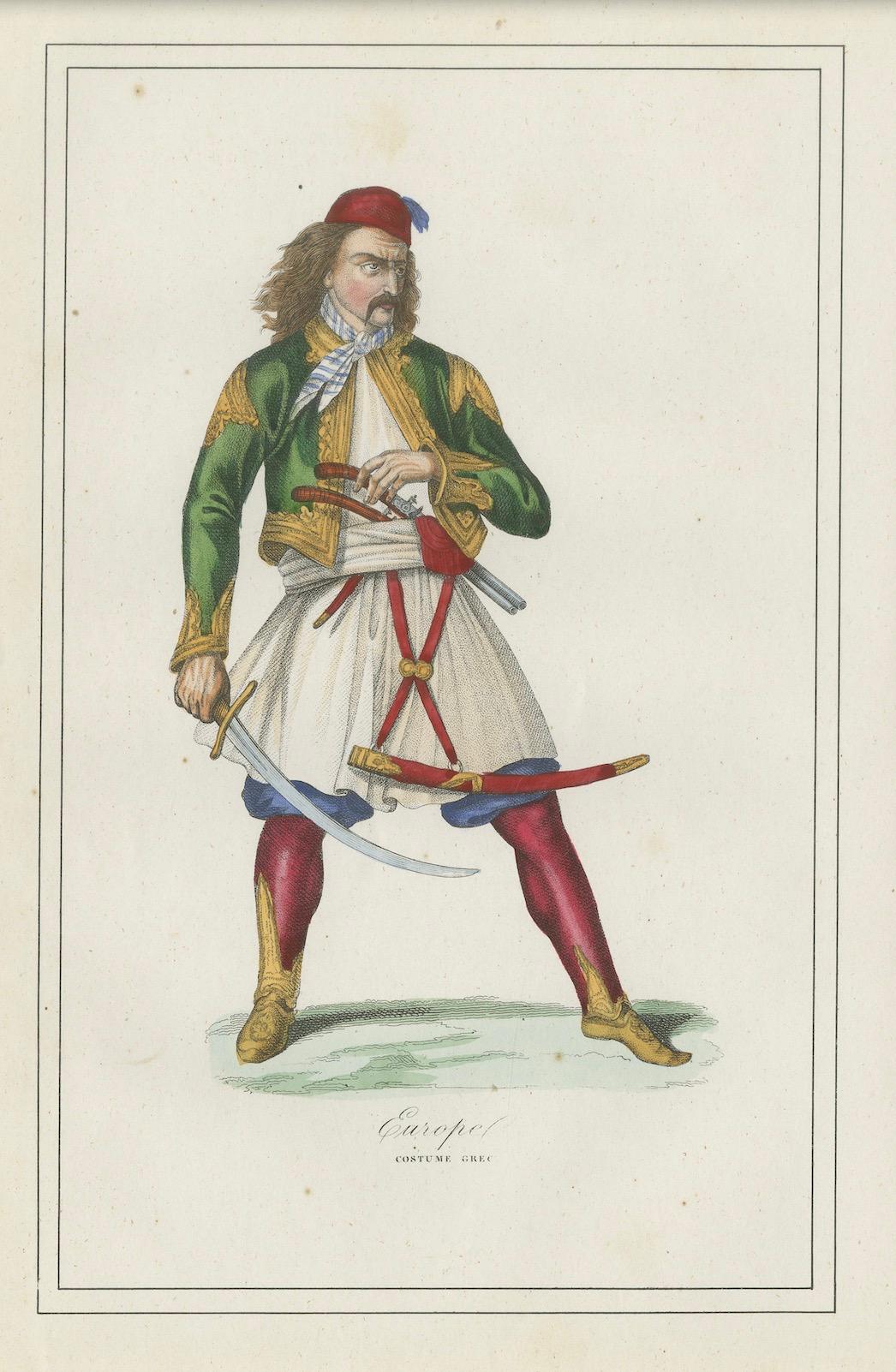 Griechischer Krieger Kostüm Druck - Antike handkolorierte Lithographie, 1854 (Papier) im Angebot