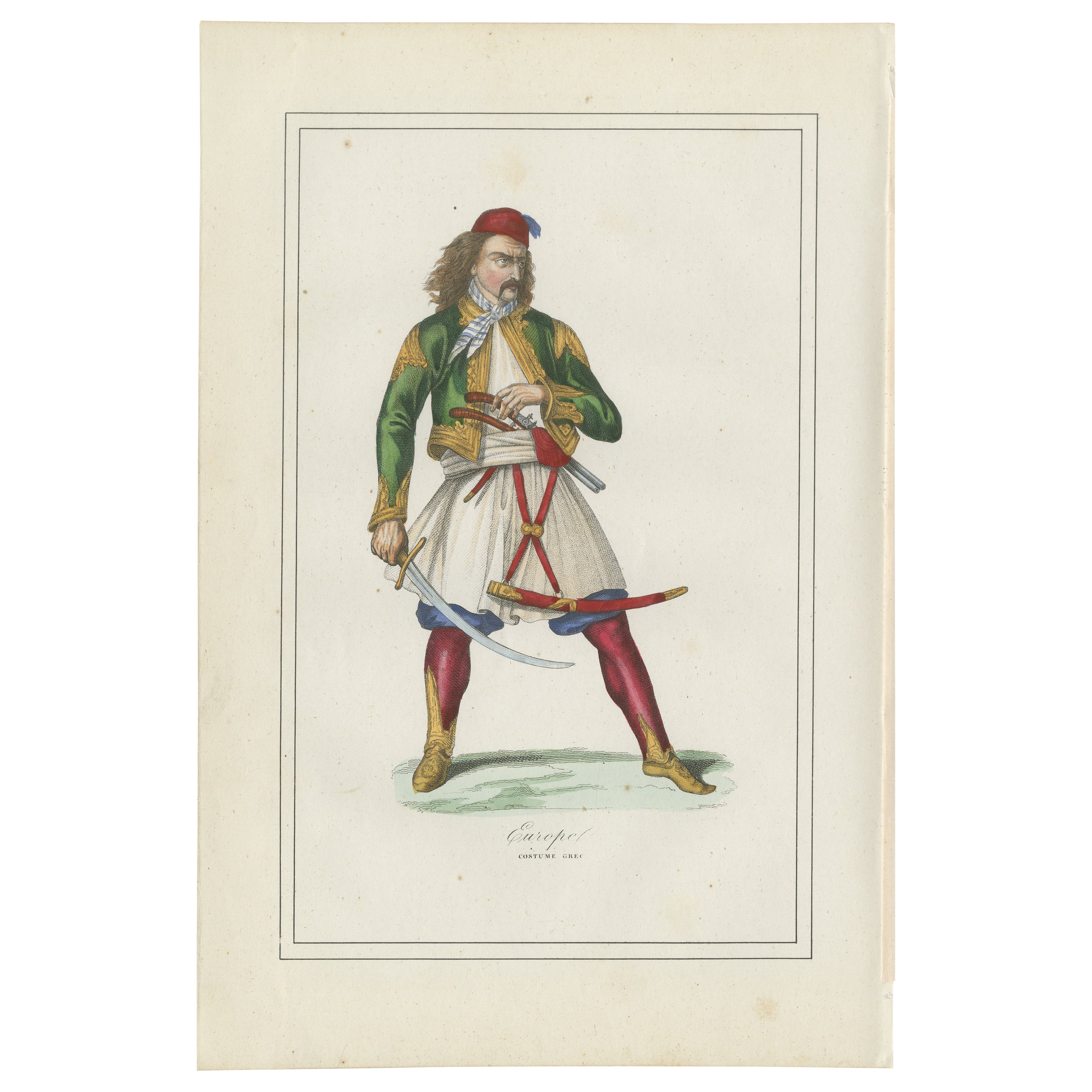 Griechischer Krieger Kostüm Druck - Antike handkolorierte Lithographie, 1854