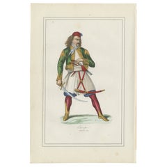 Griechischer Krieger Kostüm Druck - Antike handkolorierte Lithographie, 1854