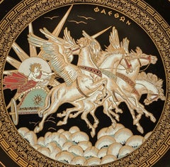 Greek Warriors Black with 24k Gold Porcelain Decorative Wall Plate, 1970s