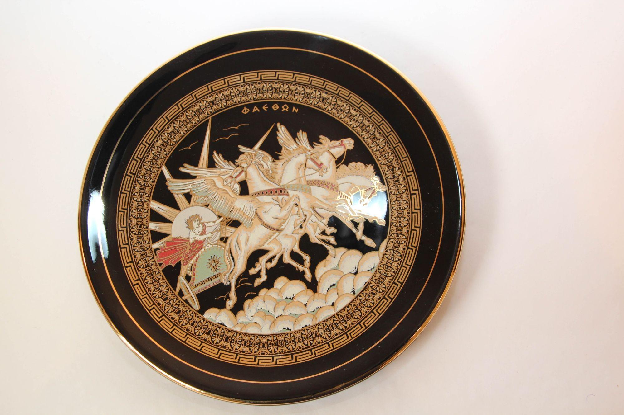 Greco Roman Greek Warriors Black with 24k Gold Porcelain Decorative Wall Plate, 1970s For Sale