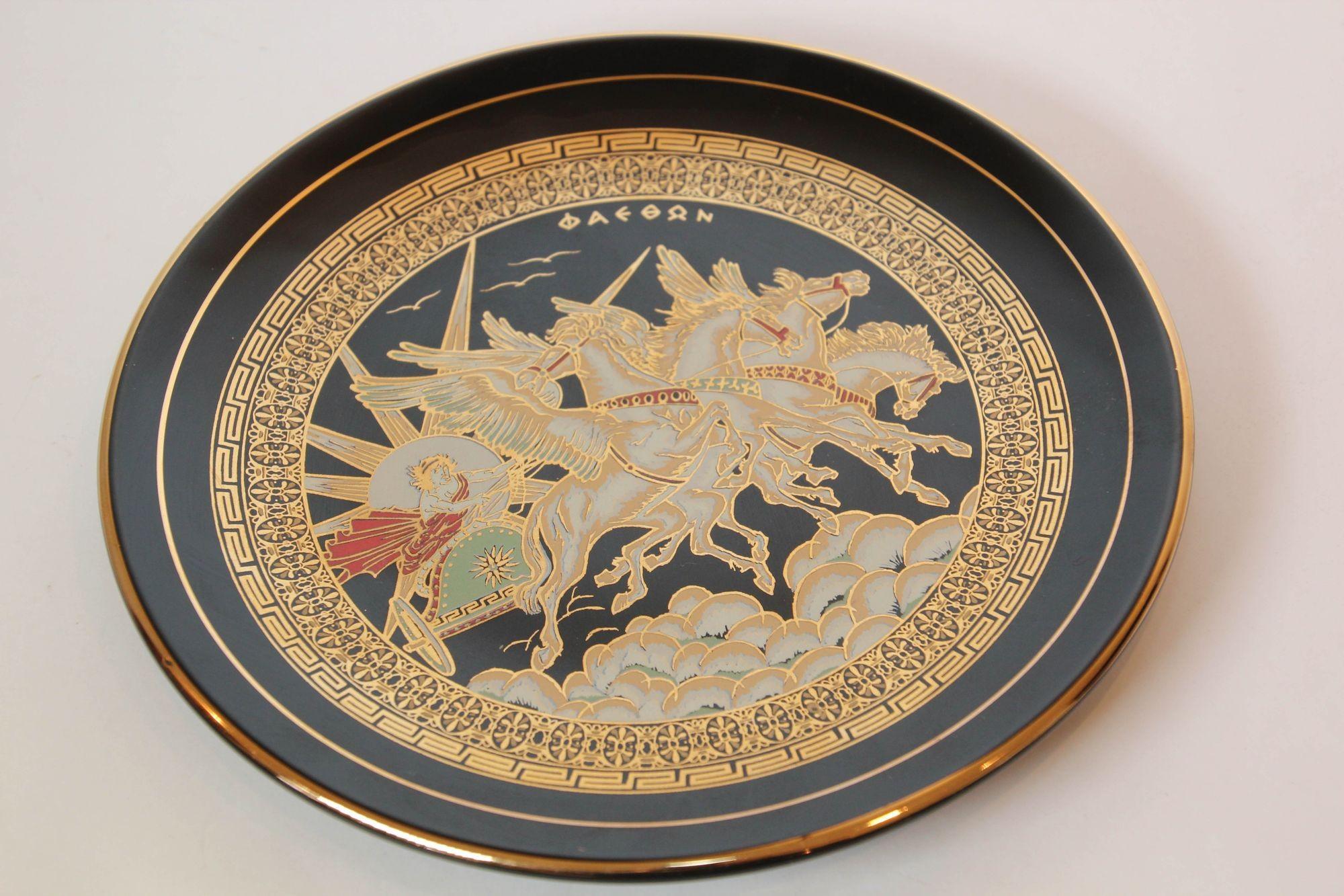 Hand-Crafted Greek Warriors Black with 24k Gold Porcelain Decorative Wall Plate, 1970s For Sale