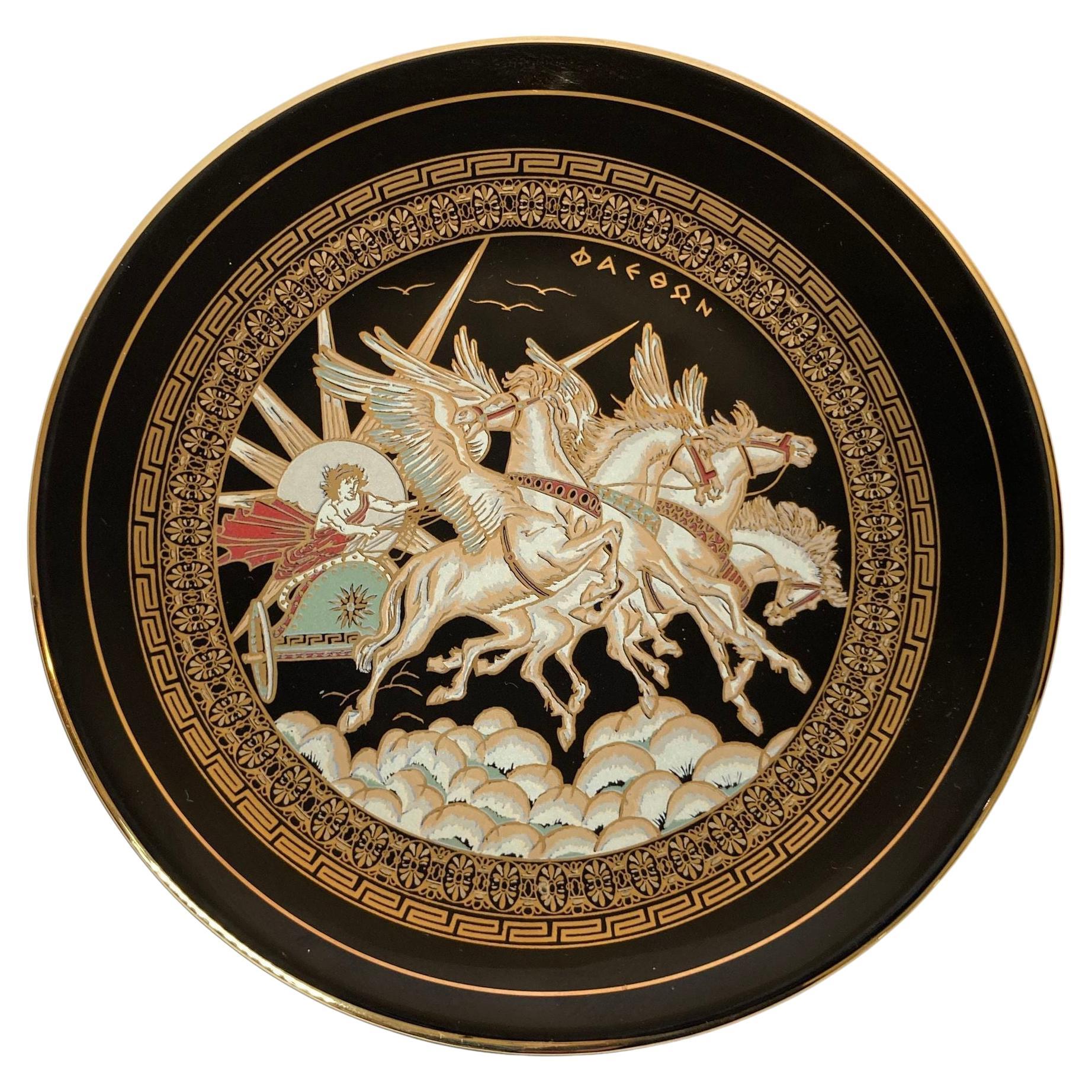 Greek Warriors Black with 24k Gold Porcelain Decorative Wall Plate, 1970s For Sale