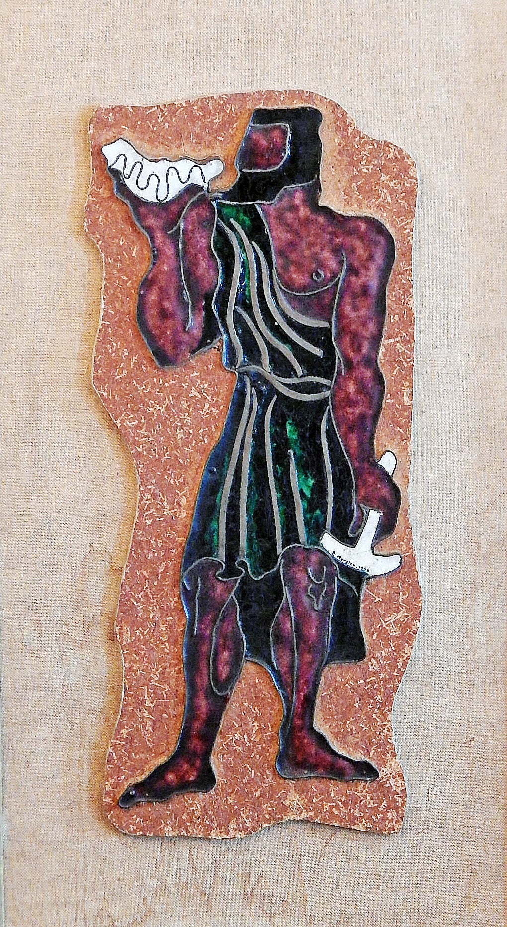 "Greek with Shell, " Enamel Relief Panel w/ Half-Nude Figure by Art Deco Master For Sale
