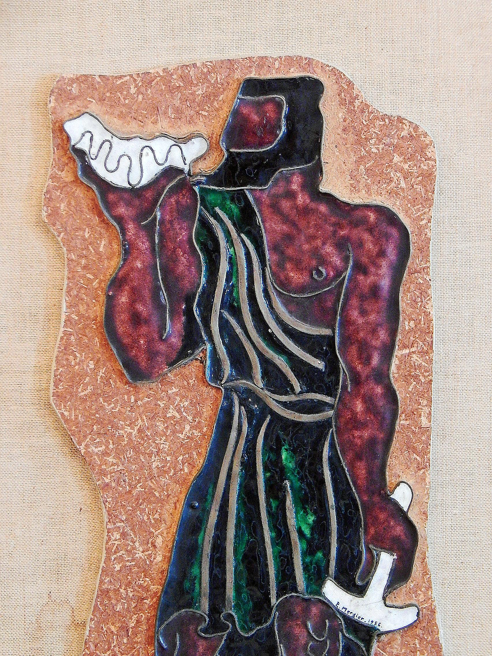 Created by Paul Mergier, one of France's great metalworkers and enamelists in the Art Deco period -- with an especially strong reputation for dinanderie or mixed-metal work -- this enamel and copper panel dates from the 1950s, and shows the