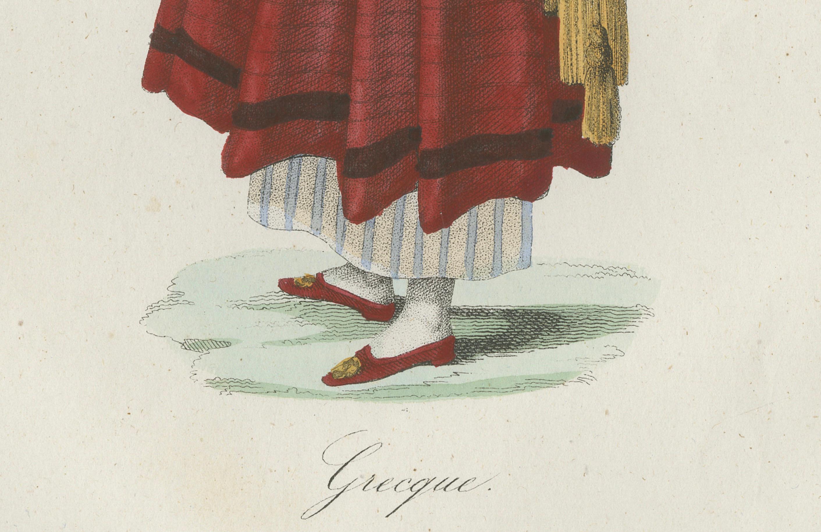 Greek Woman Costume Print – Antique Hand-Colored Lithograph, 1854

Description:
This antique hand-colored lithograph, published in 1854 in Album des Voyages Anciens et Modernes by Martial Ardant Frères, depicts a traditional Greek woman in regional