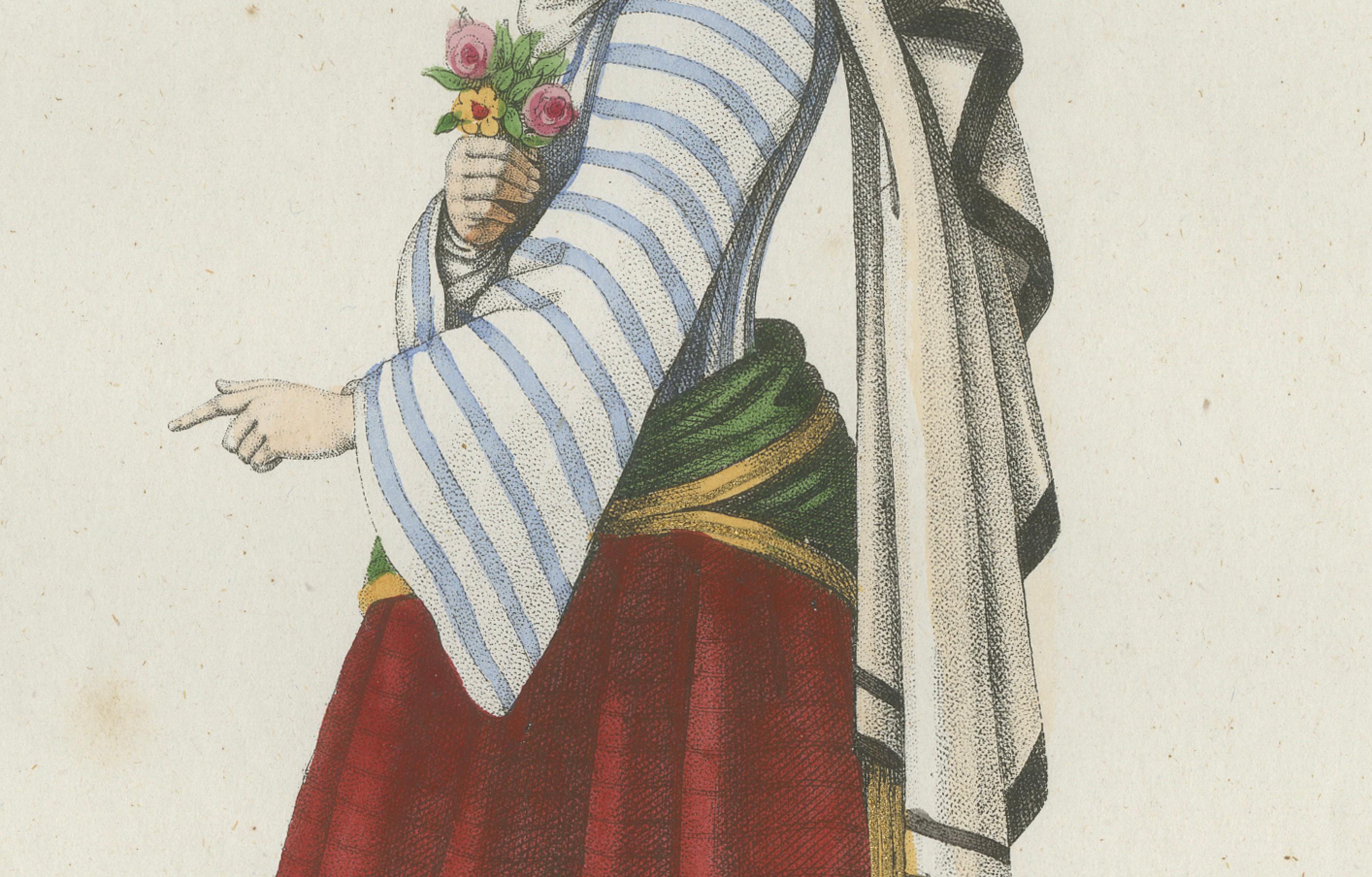 French Greek Woman Costume Print – Antique Hand-Colored Lithograph, 1854 For Sale