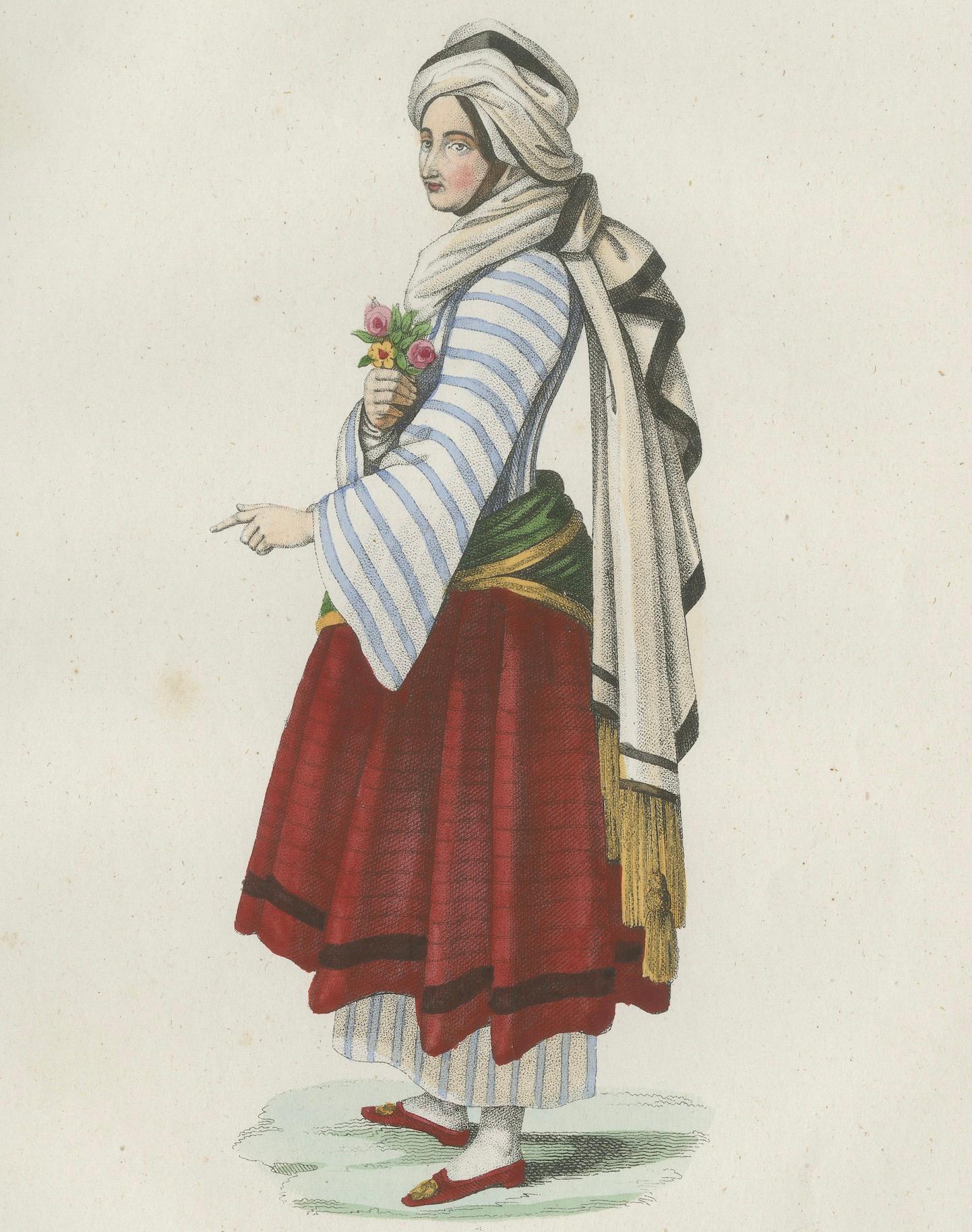 Greek Woman Costume Print – Antique Hand-Colored Lithograph, 1854 In Good Condition For Sale In Langweer, NL