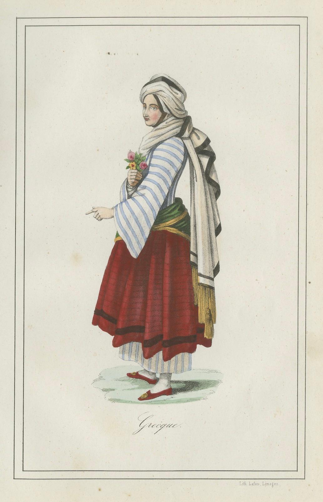 19th Century Greek Woman Costume Print – Antique Hand-Colored Lithograph, 1854 For Sale