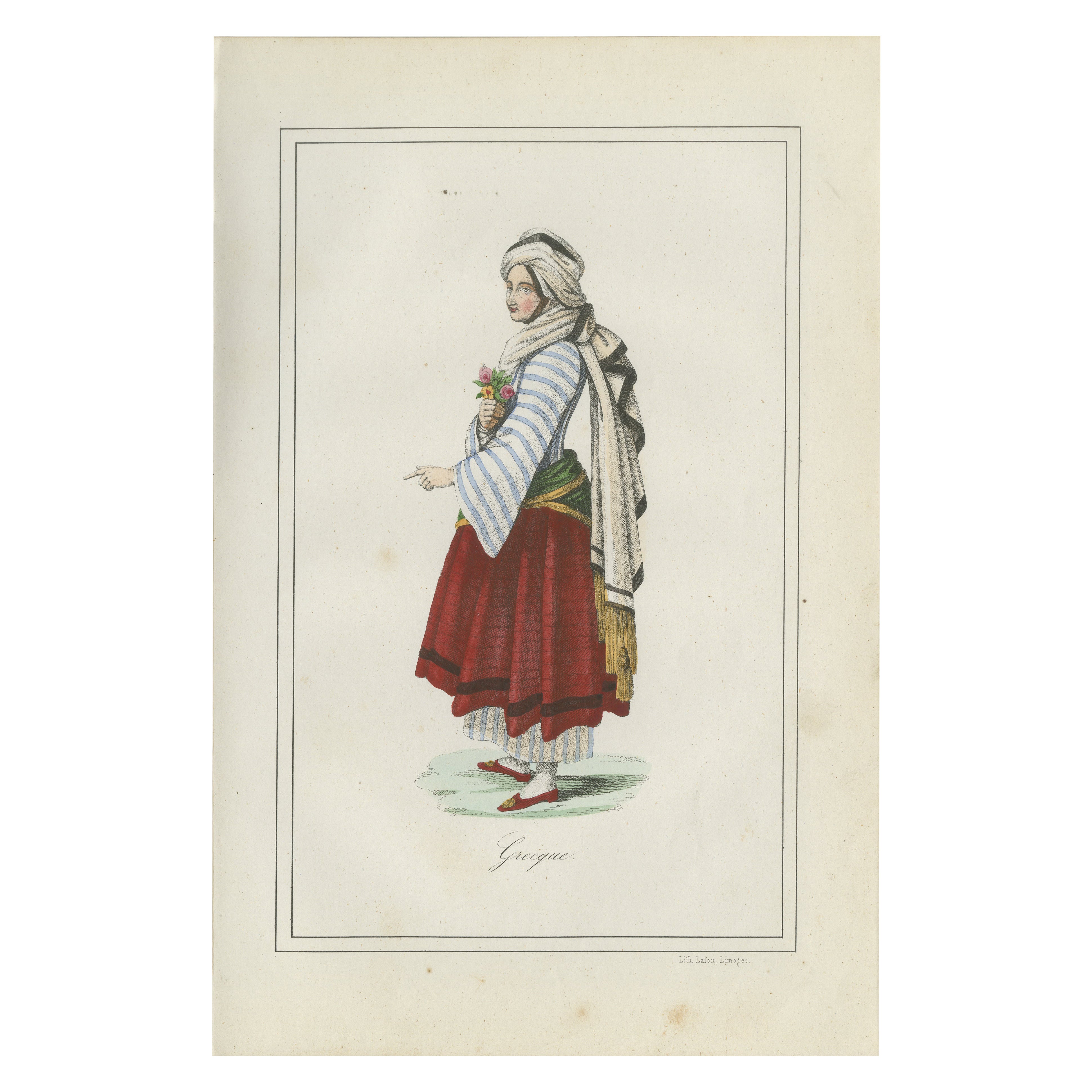Griechische Frau Kostüm Druck - Antike handkolorierte Lithographie, 1854