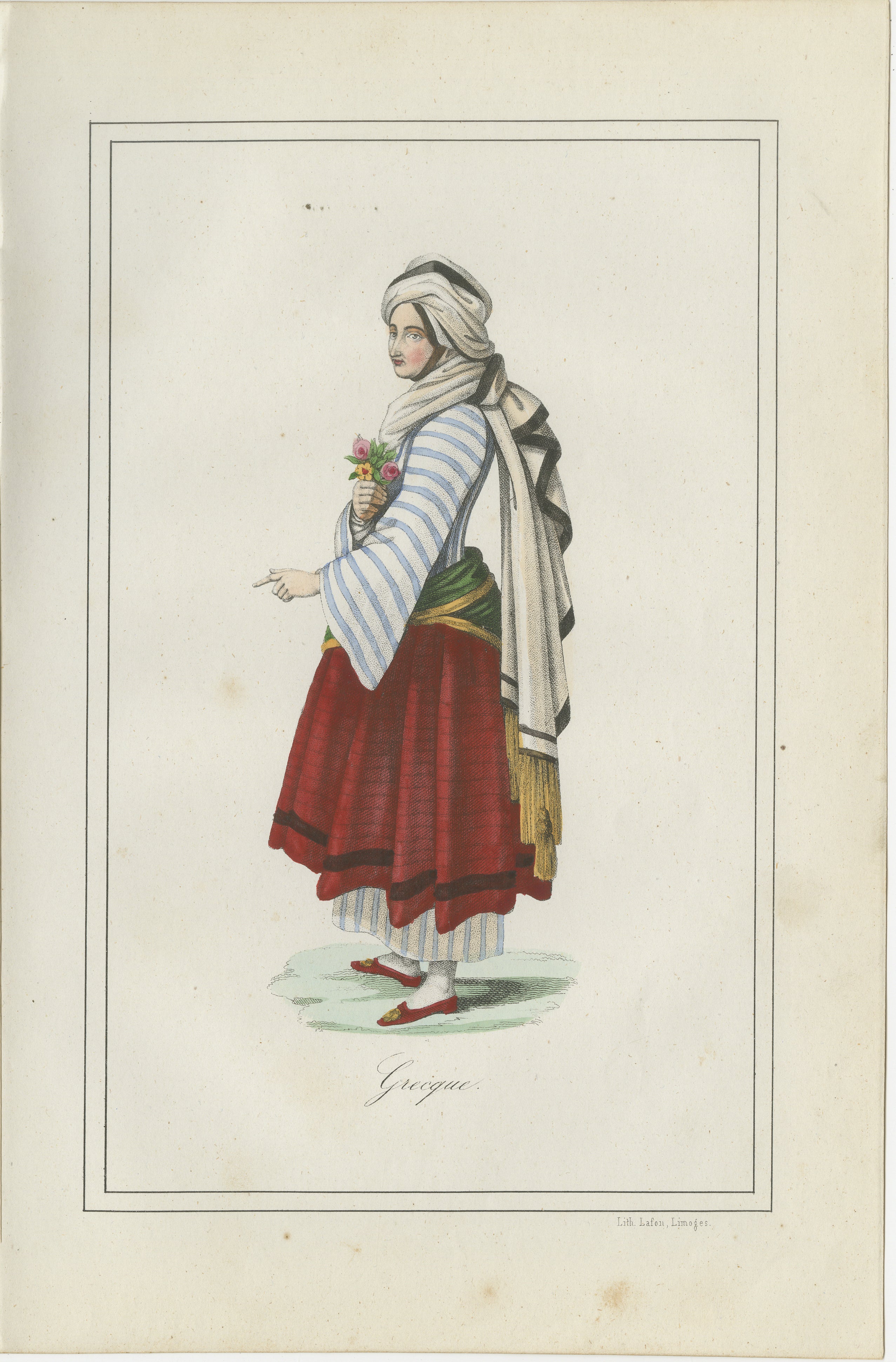 Greek Woman Costume Print – Antique Hand-Colored Lithograph, 1854