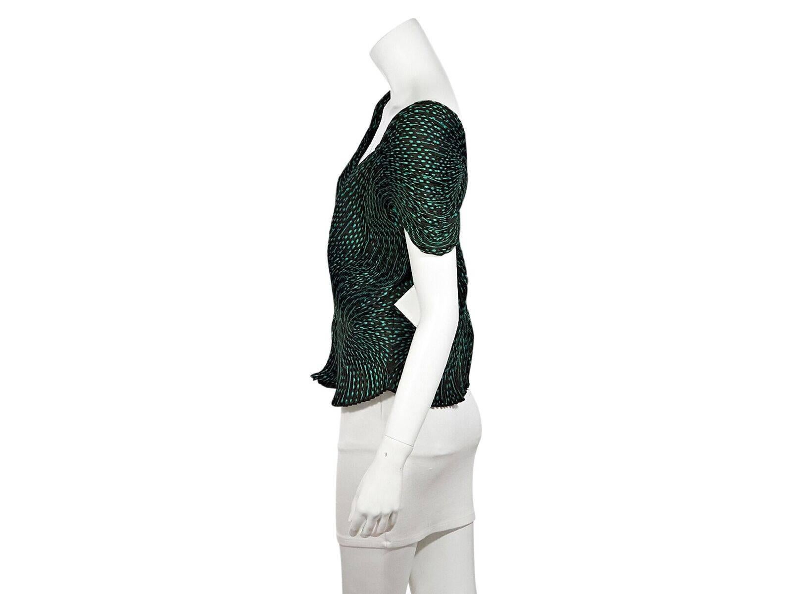 Product details:  Green and brown pleated blouse by Issey Miyake.  Short sleeves.  Scoopback.  Pullover style.  40