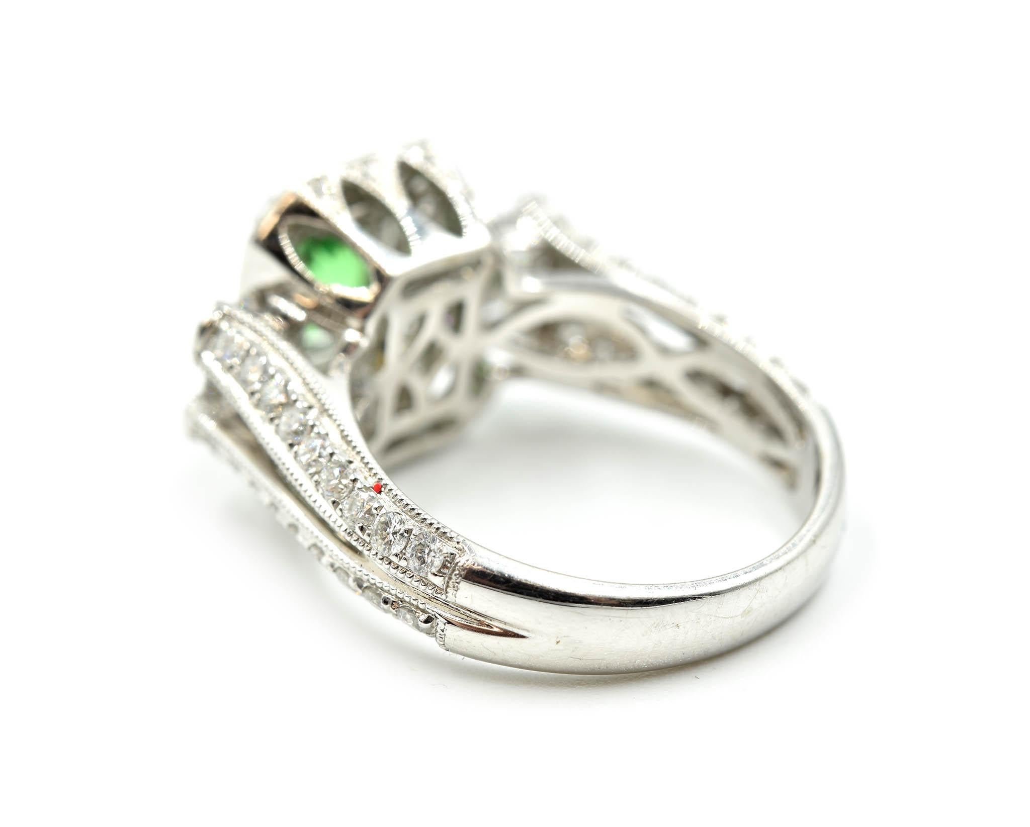 Oval Cut Green 1.33 Carat Tsavorite with Diamond Mounting Ring 14 Karat White Gold For Sale
