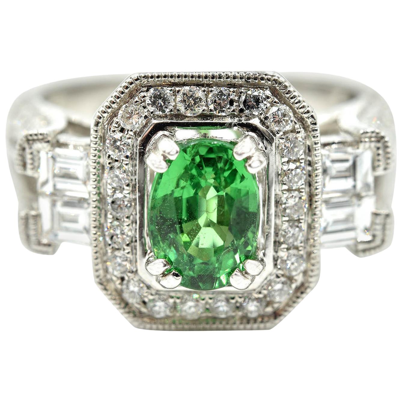 Green 1.33 Carat Tsavorite with Diamond Mounting Ring 14 Karat White Gold