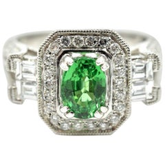 Green 1.33 Carat Tsavorite with Diamond Mounting Ring 14 Karat White Gold