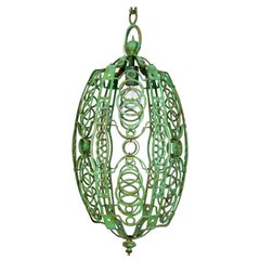 Green 1920s Art Deco Oblong Cage Lantern with Circle Motif