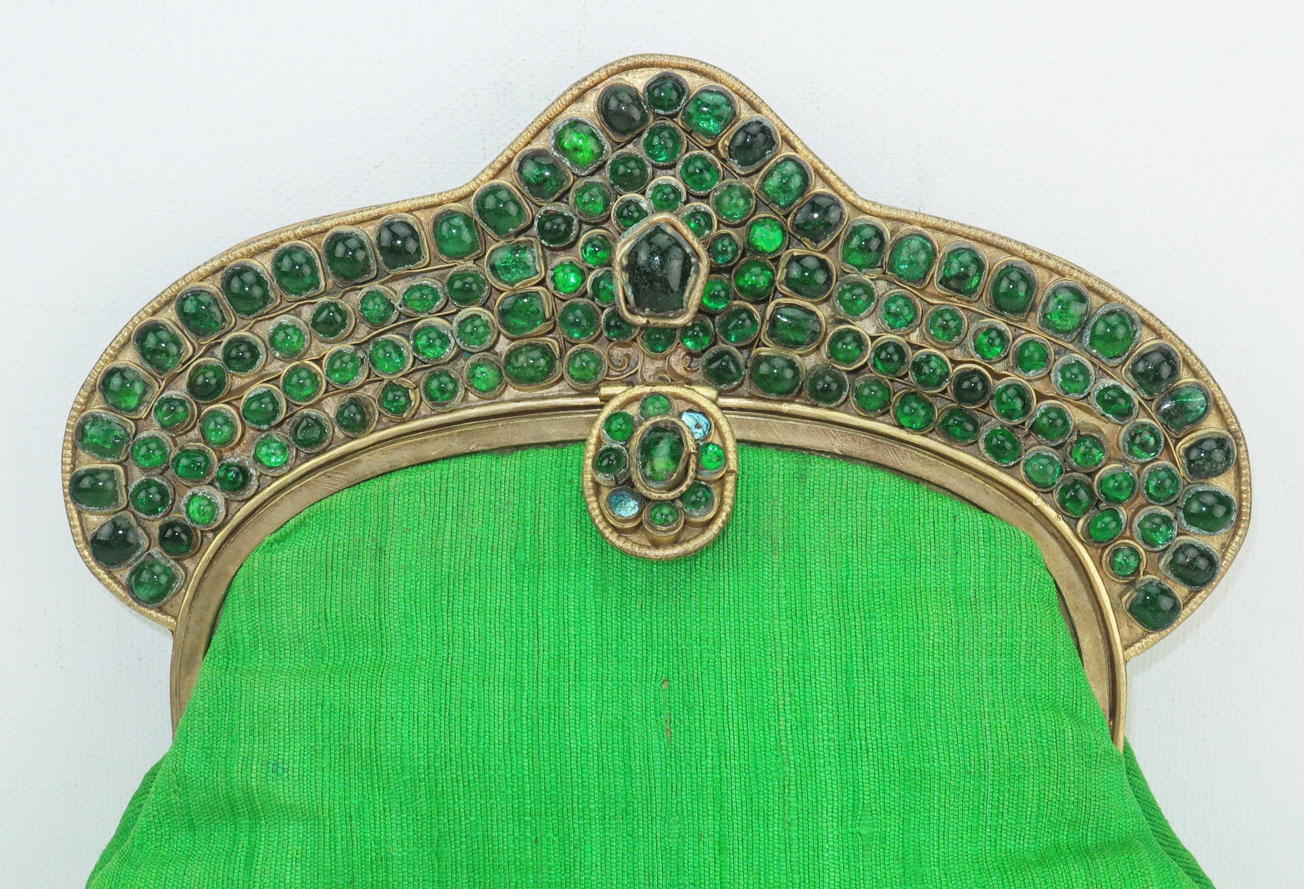 They'll be 'green' with envy when you enter the room!  This gorgeous Indian handbag by Artistic Bombay incorporates the beauty of Mughal style jewelry with the functionality of a roomy clutch handbag.  The frame is a golden brass with an intricate