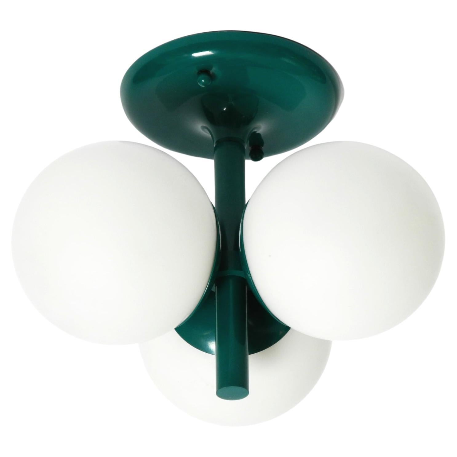 Green 1960s Space Age Kaiser Leuchten metal ceiling lamps with 3 glass balls