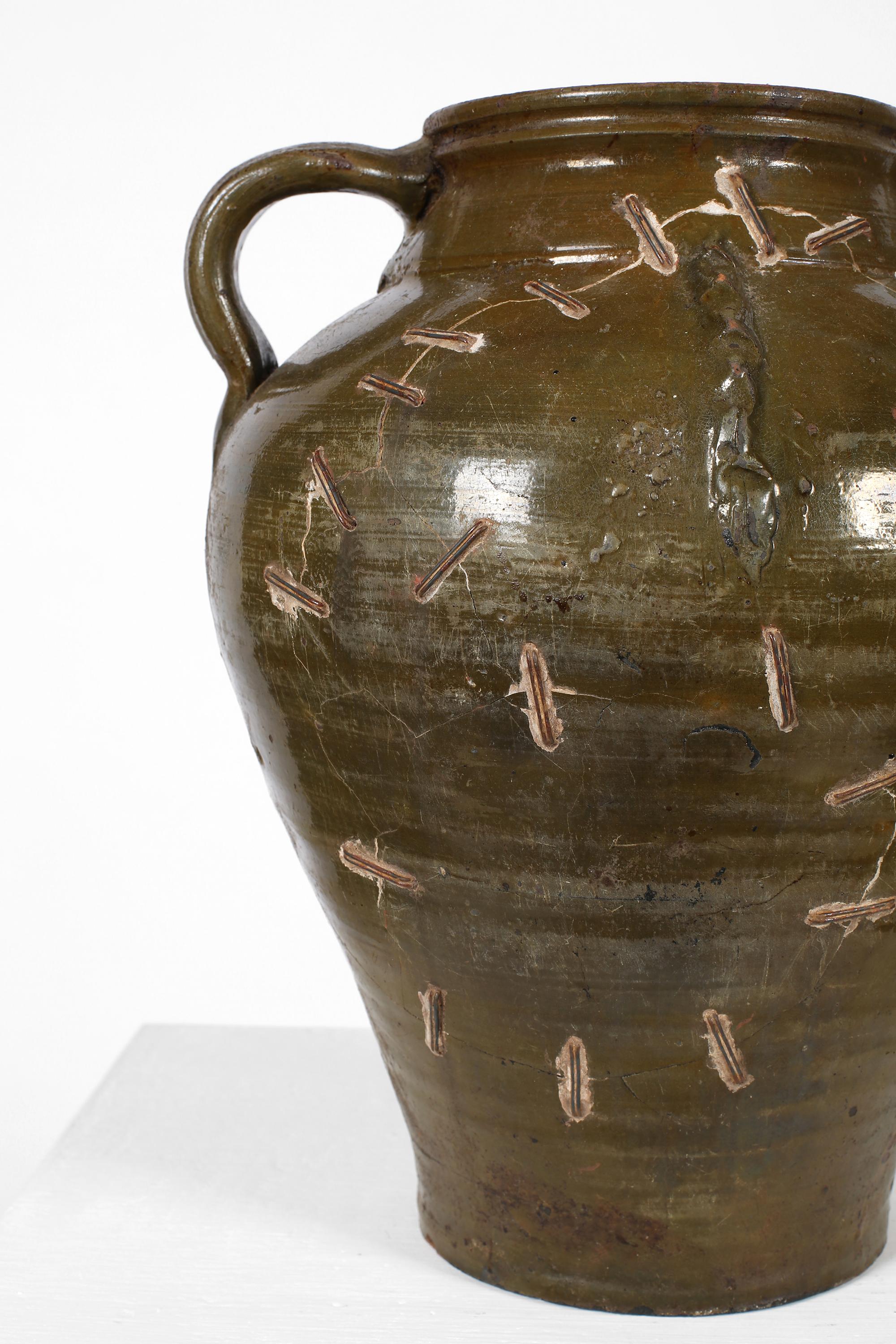 Earthenware Green 19th Century Southern Spanish Wabi-Sabi Stapled Jar