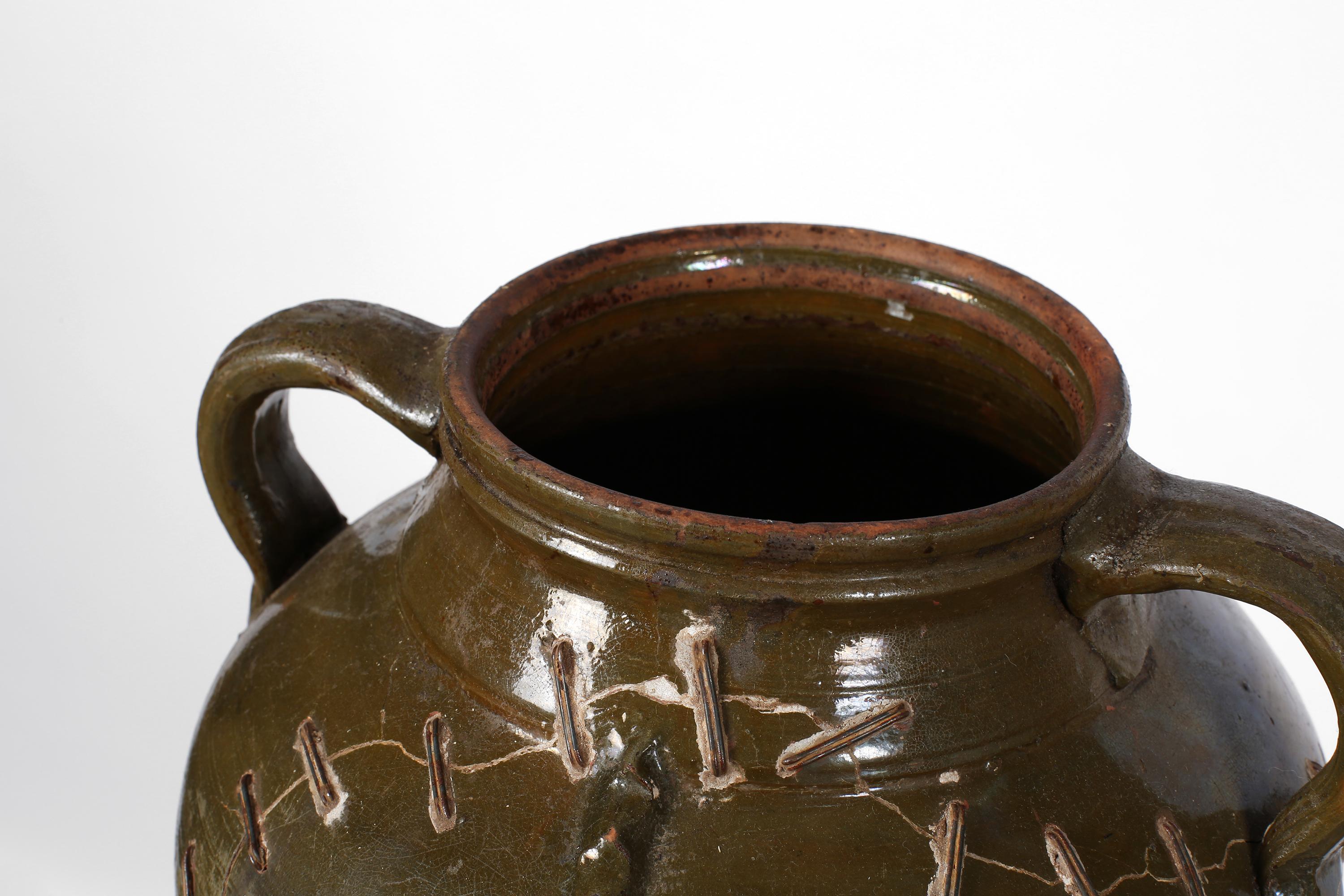 Green 19th Century Southern Spanish Wabi-Sabi Stapled Jar 2