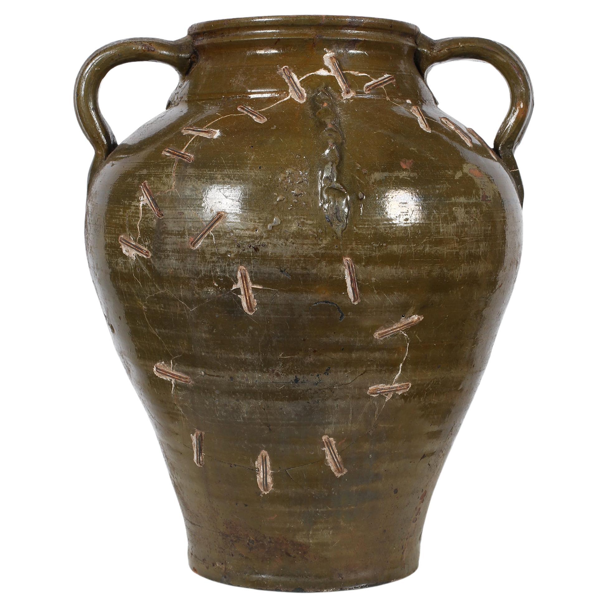 Green 19th Century Southern Spanish Wabi-Sabi Stapled Jar For Sale