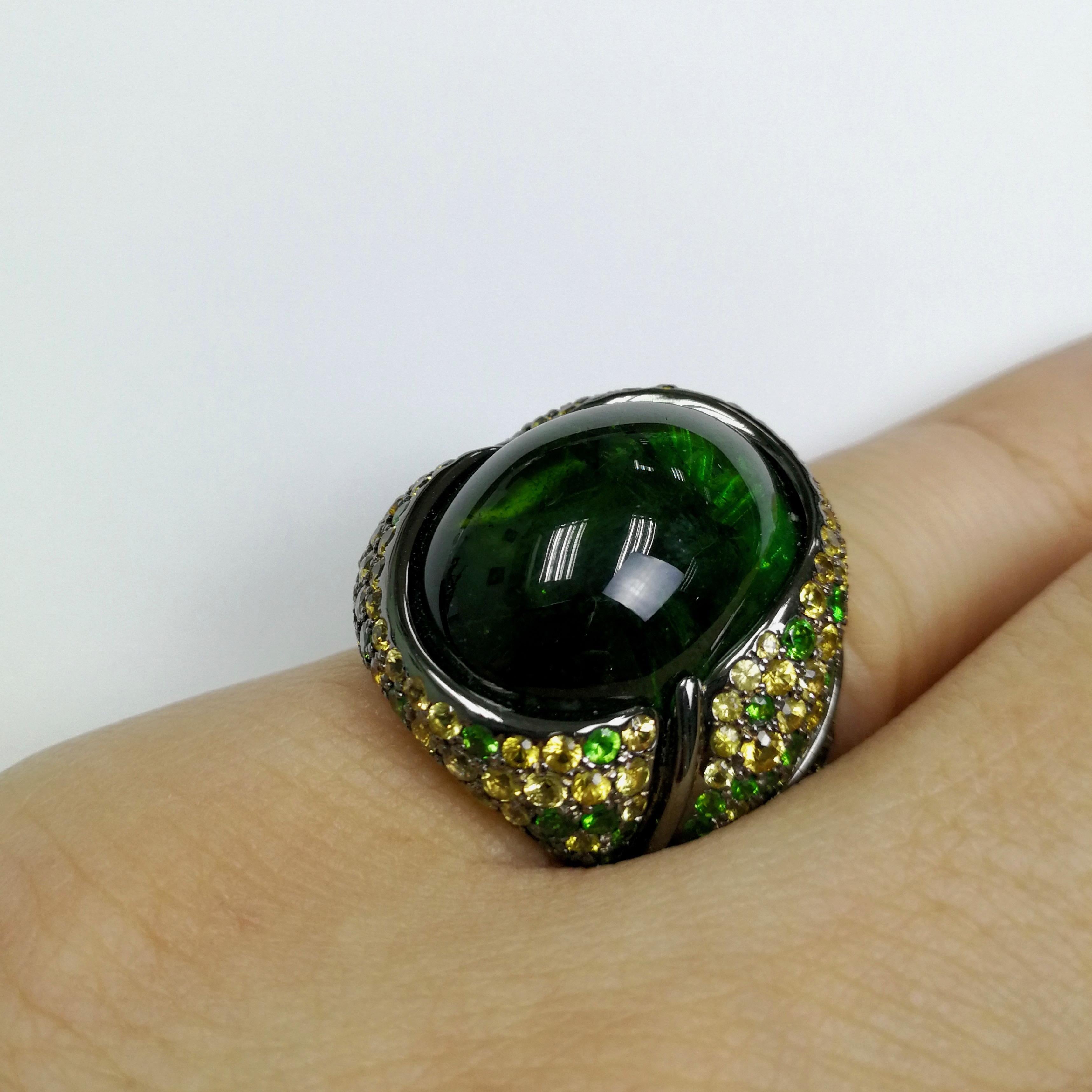 Green 23.30 Carat Tourmaline Yellow Sapphire Tsavorite 18 Karat Black Gold Ring 5