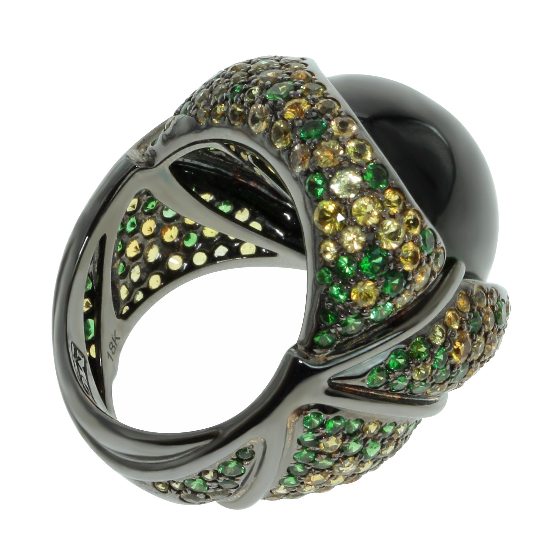 Contemporary Green 23.30 Carat Tourmaline Yellow Sapphire Tsavorite 18 Karat Black Gold Ring