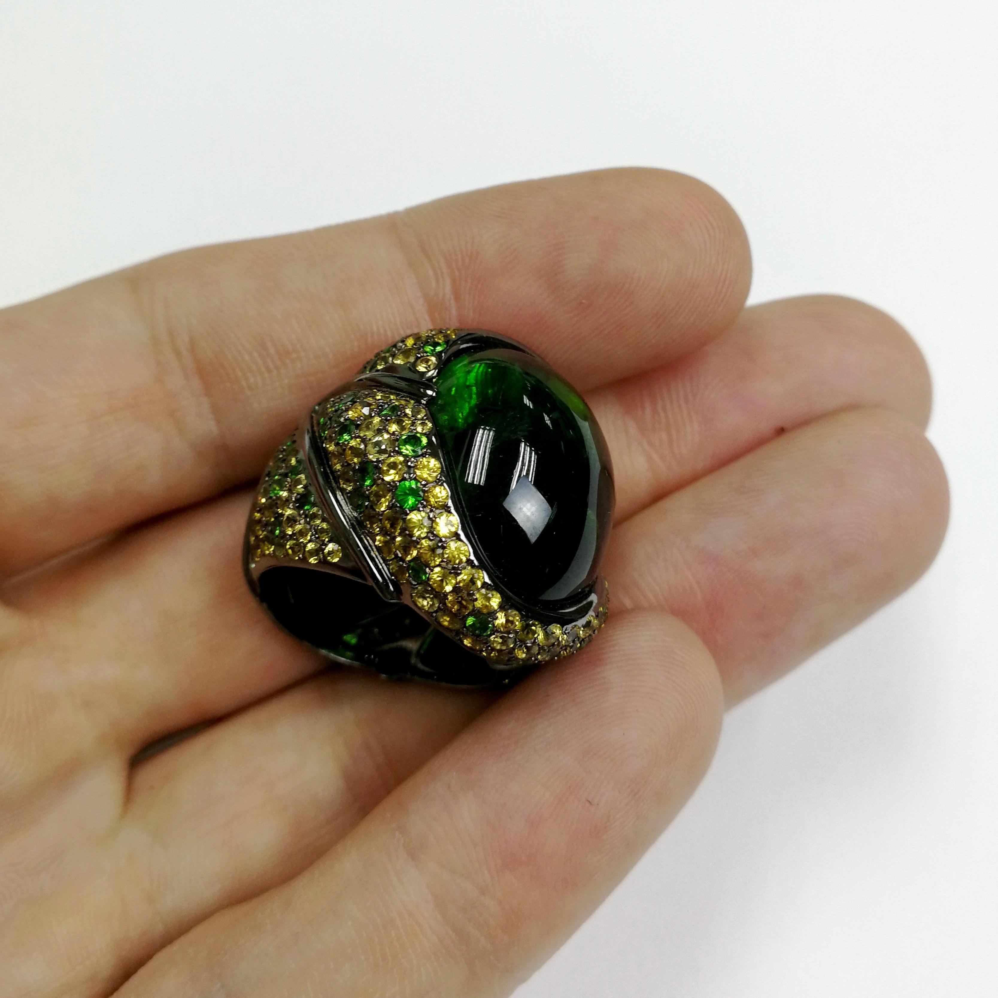 Green 23.30 Carat Tourmaline Yellow Sapphire Tsavorite 18 Karat Black Gold Ring 1