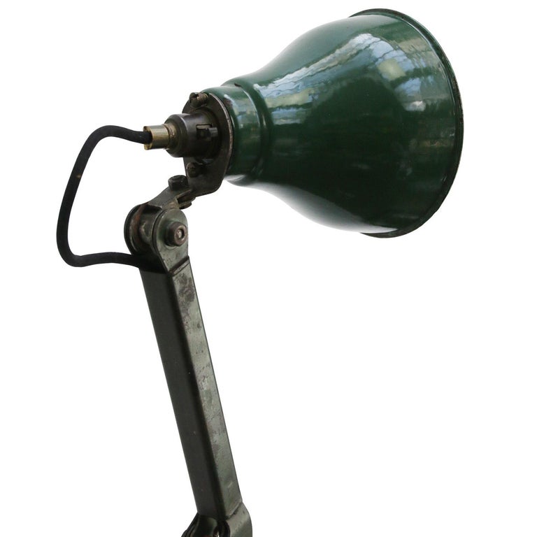 British Green 3-Arm Metal Vintage Industrial Machinist Work Desk Light by EDL For Sale
