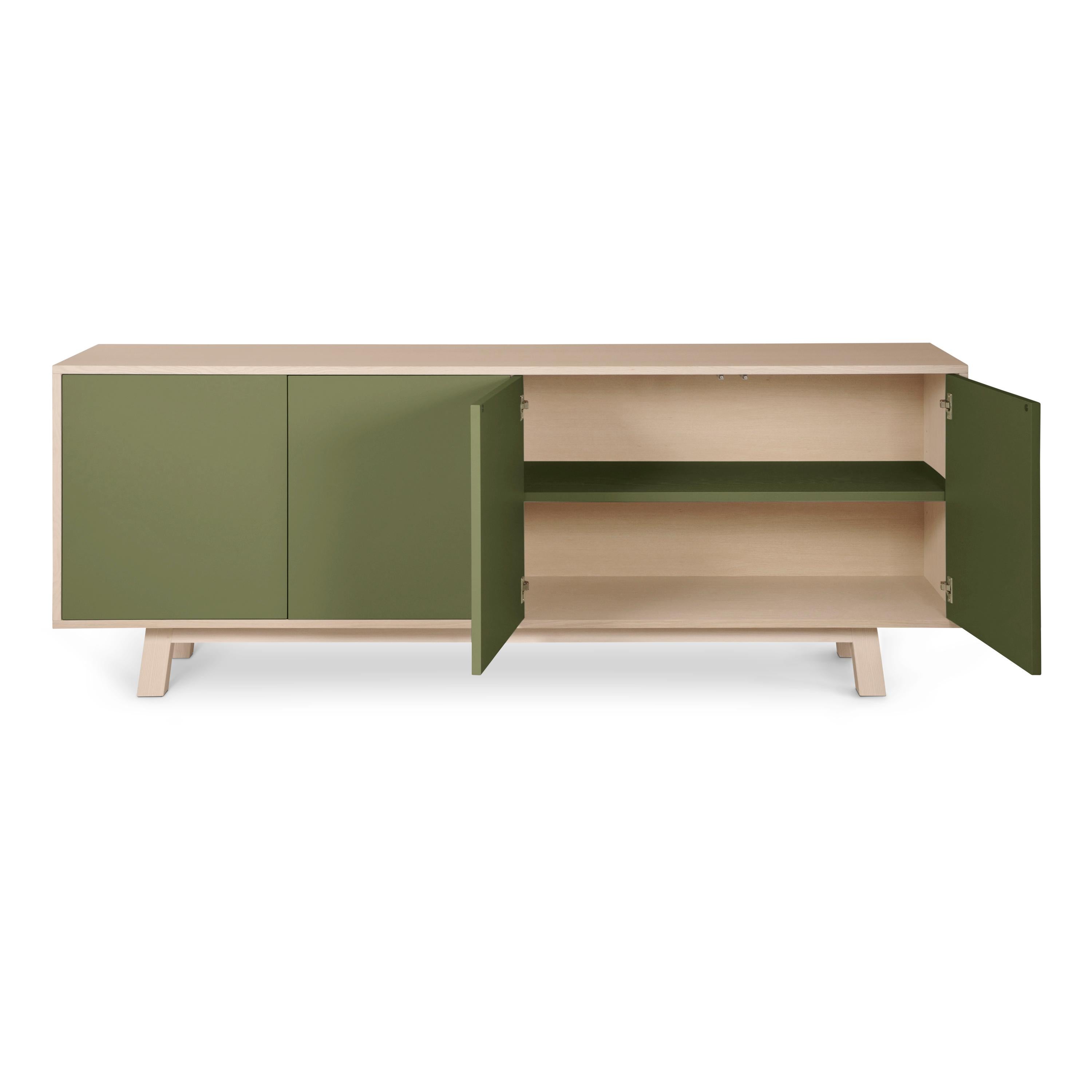 Lacquered Green 4-Door Low Sideboard in PEFC-Certified Ash Wood, Design Eric Gizard, Paris For Sale