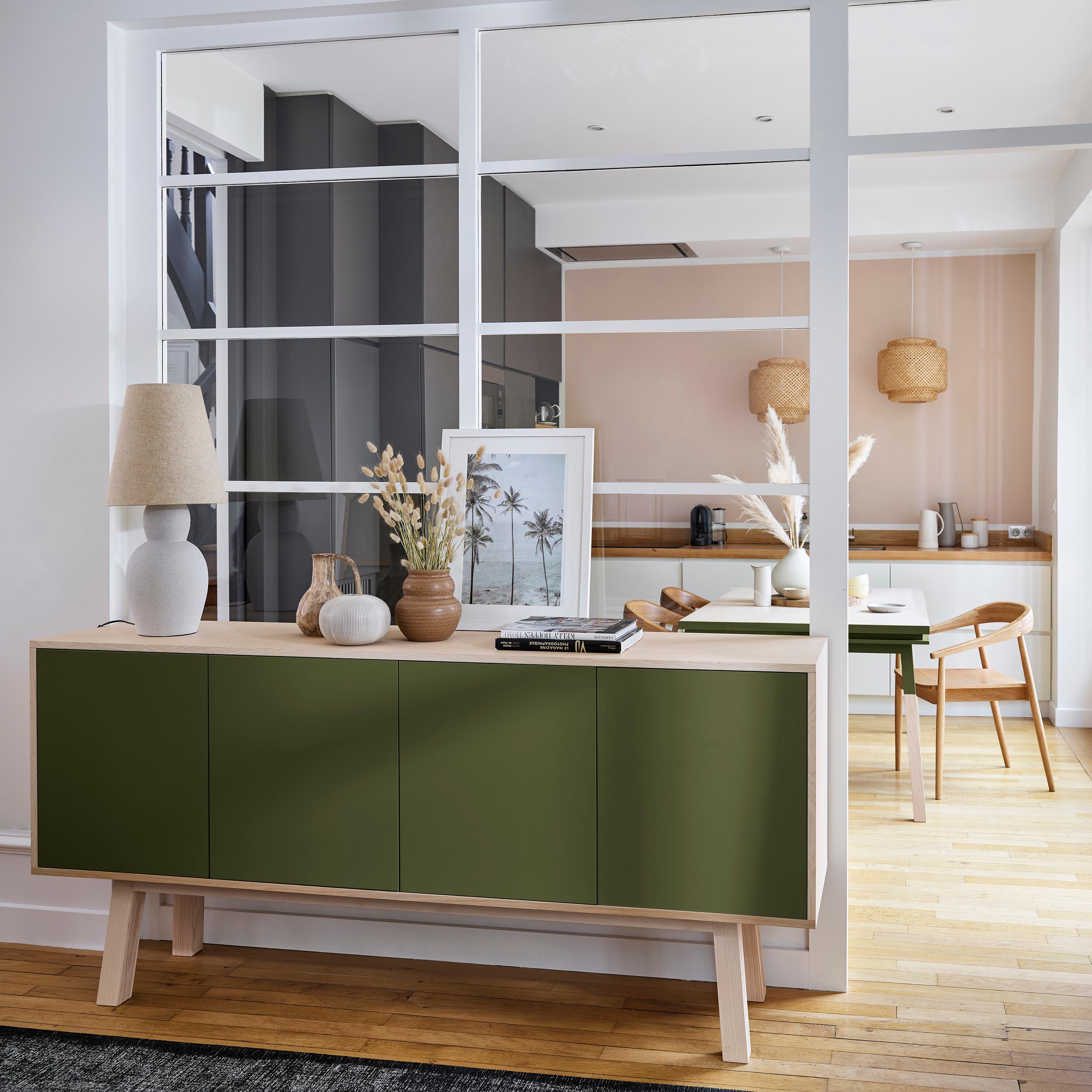 This 4 doors sideboard is designed by Eric Gizard - Paris and delivered fully mounted.

It is 100% made in France with solid ash wood for the base, feet and shelves. Veneer ash is used for the wooden bos box itself. The lacquered doors are made of