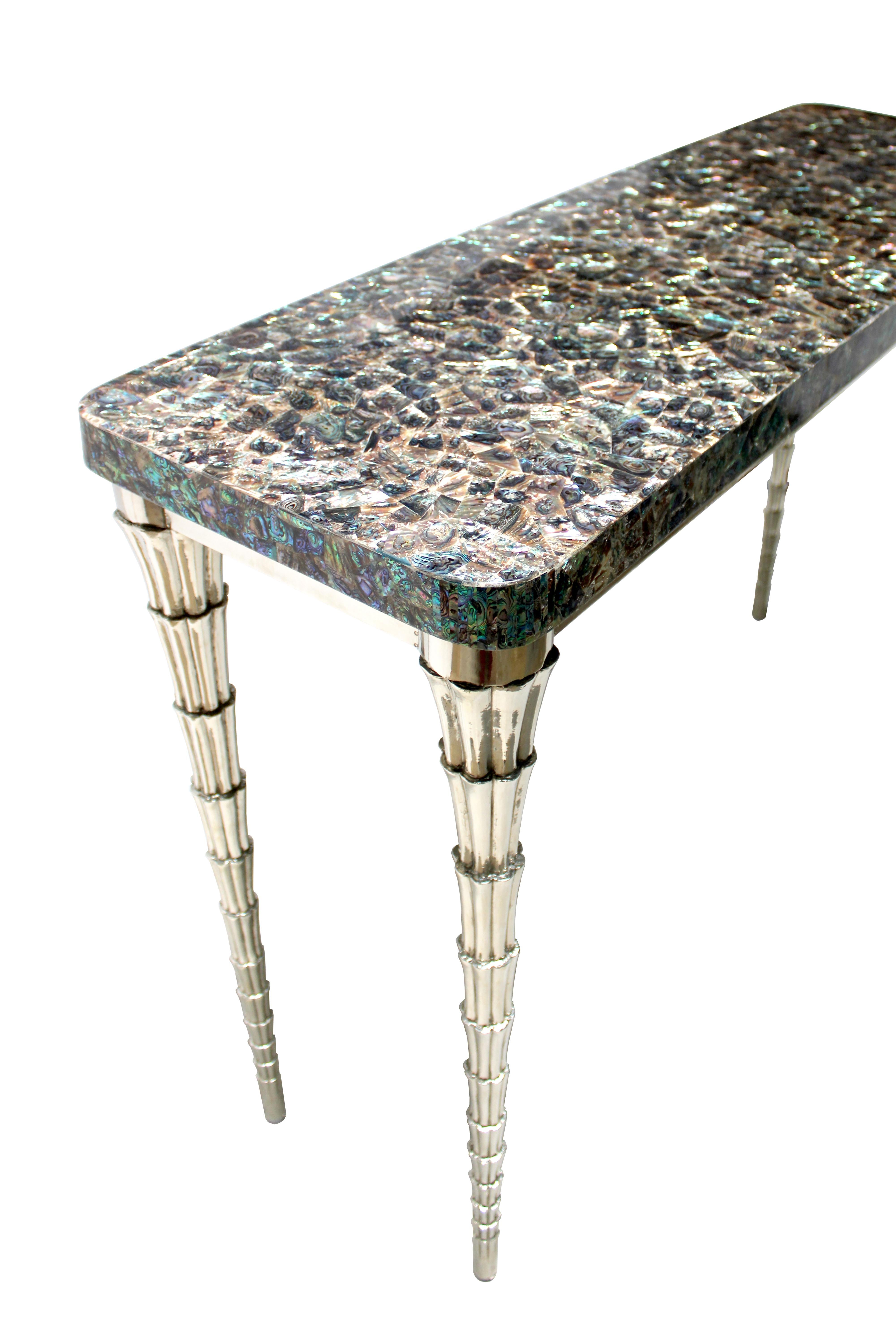Indian Green Abalone and White Bronze Clad Cornet Table Handcrafted in India For Sale