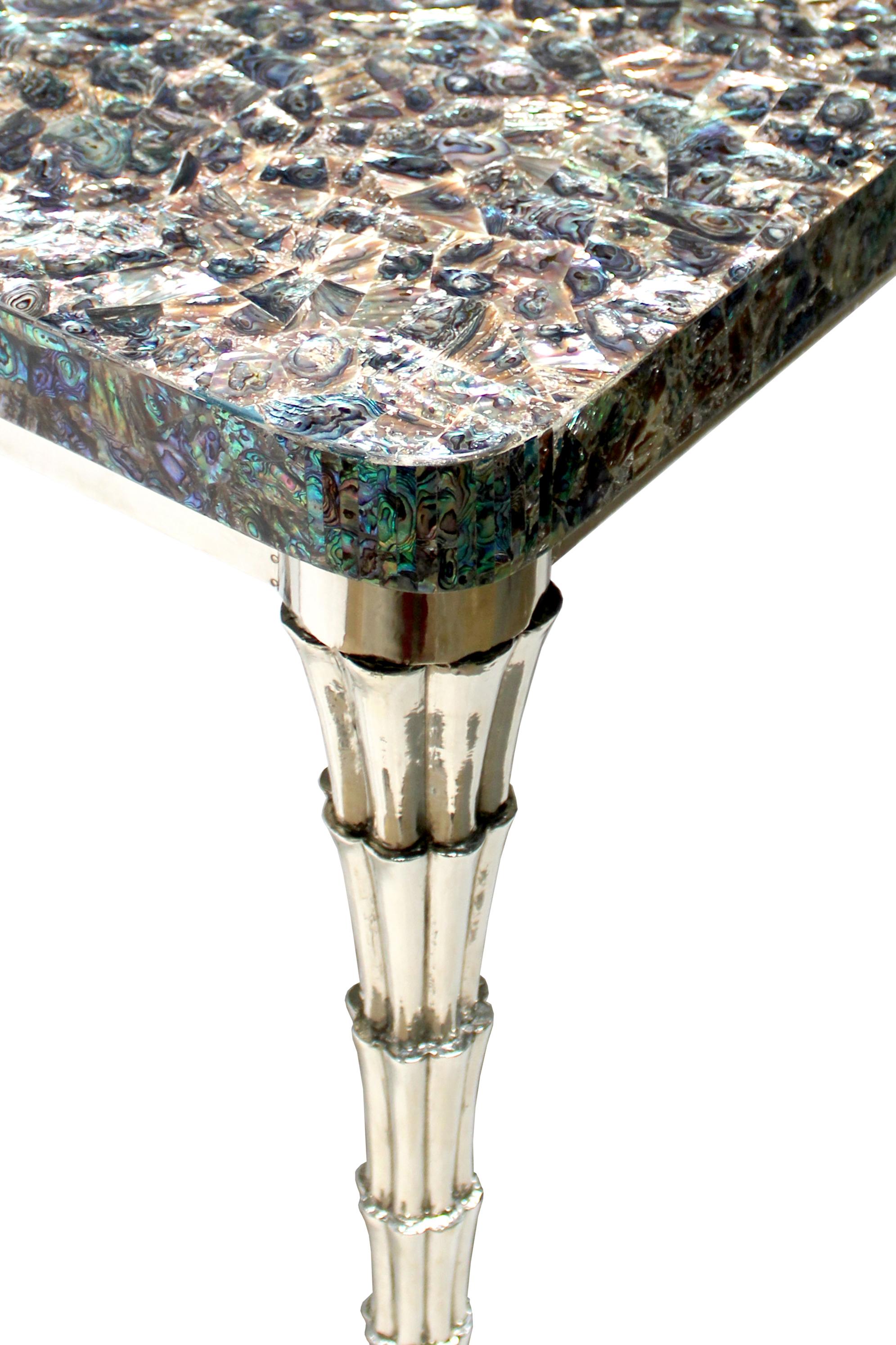 Contemporary Green Abalone and White Bronze Clad Cornet Table Handcrafted in India For Sale