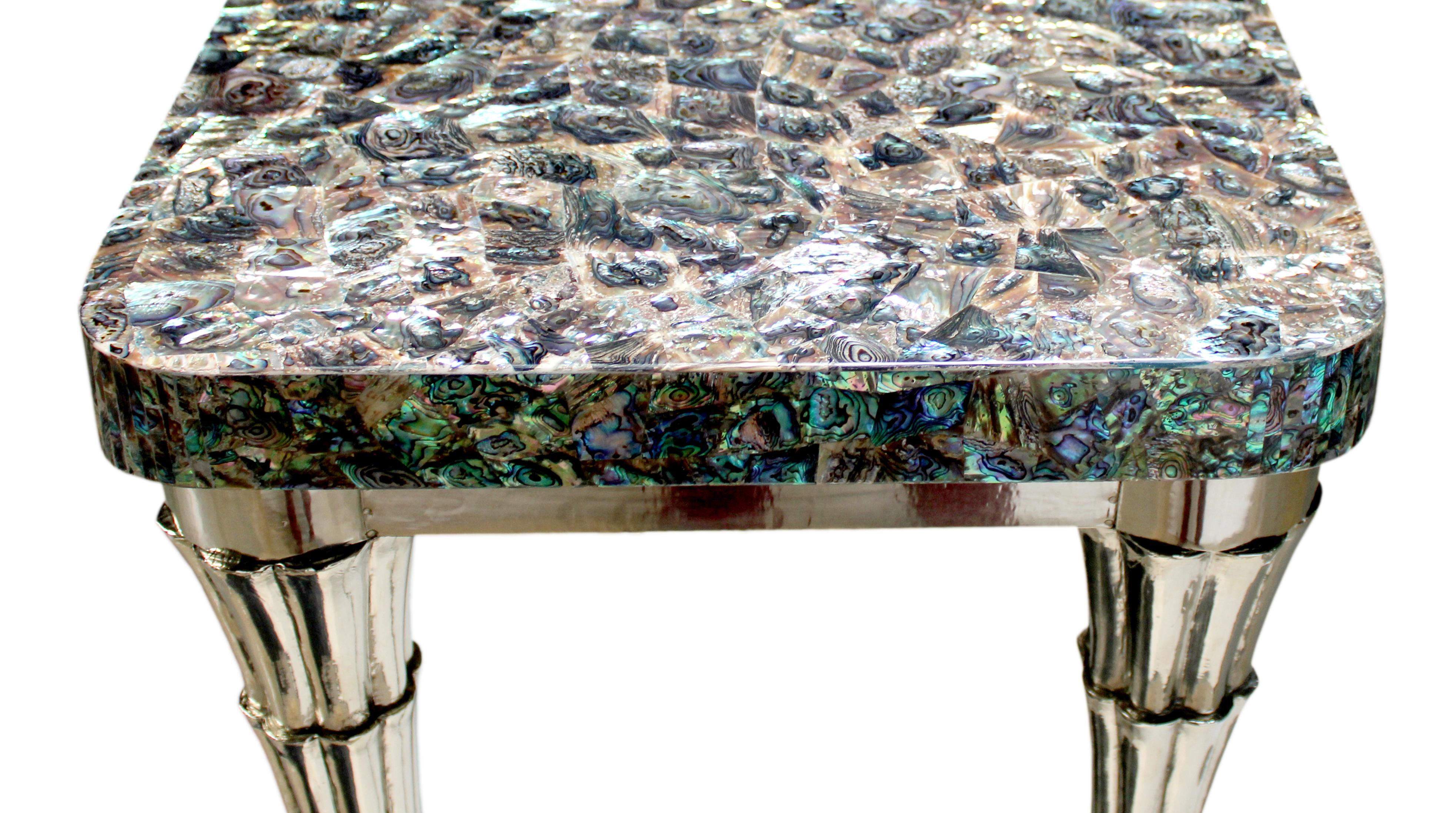 Stone Green Abalone and White Bronze Clad Cornet Table Handcrafted in India For Sale