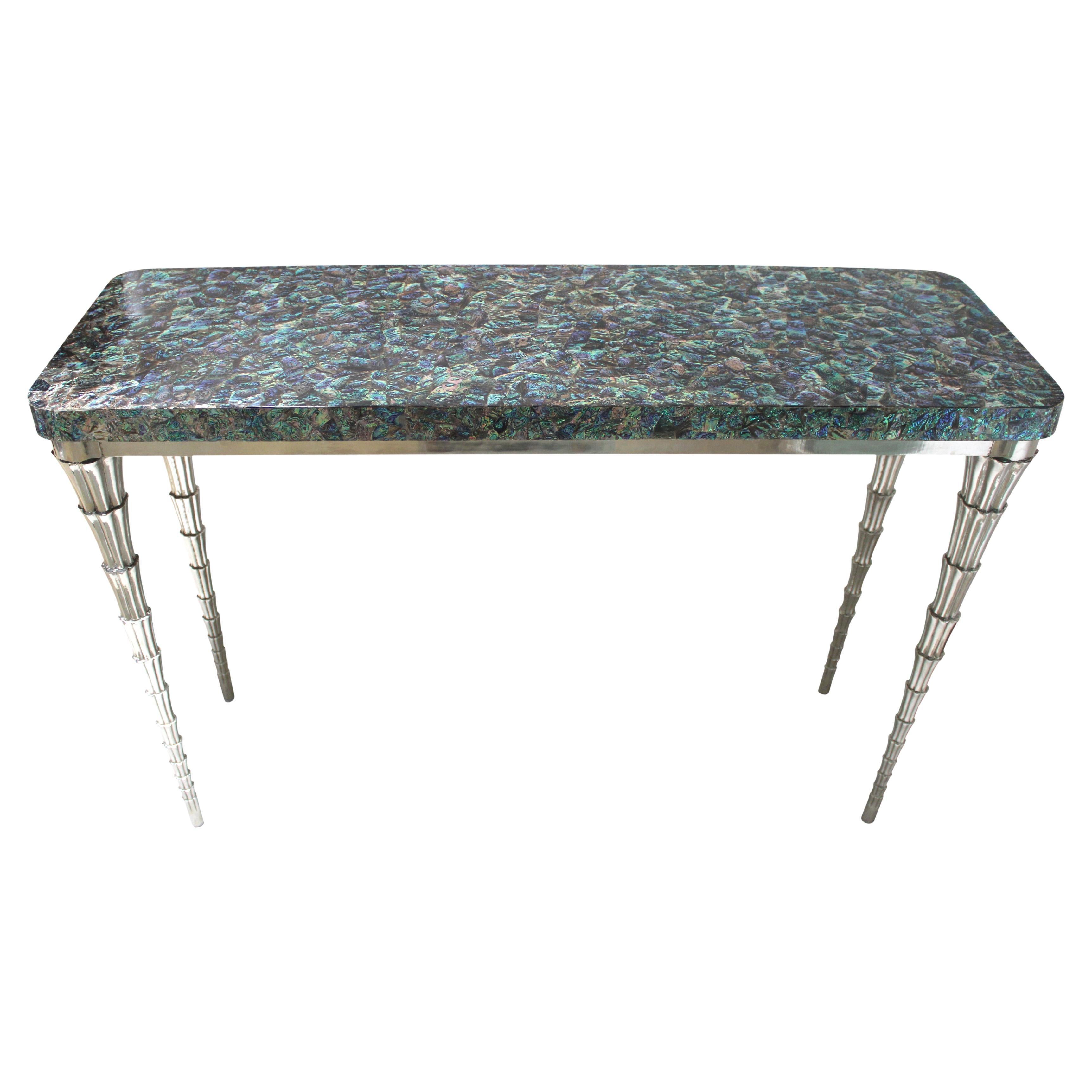 Green Abalone and White Bronze Clad Cornet Table Handcrafted in India For Sale