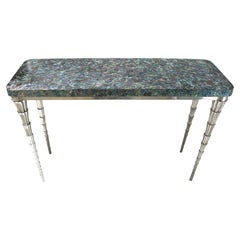Green Abalone and White Bronze Clad Cornet Table Handcrafted in India