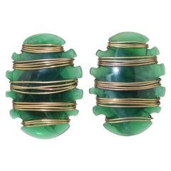 Vintage Green Acrylic 
Brass Wire Modernist Clip On Earrings, 1980
s