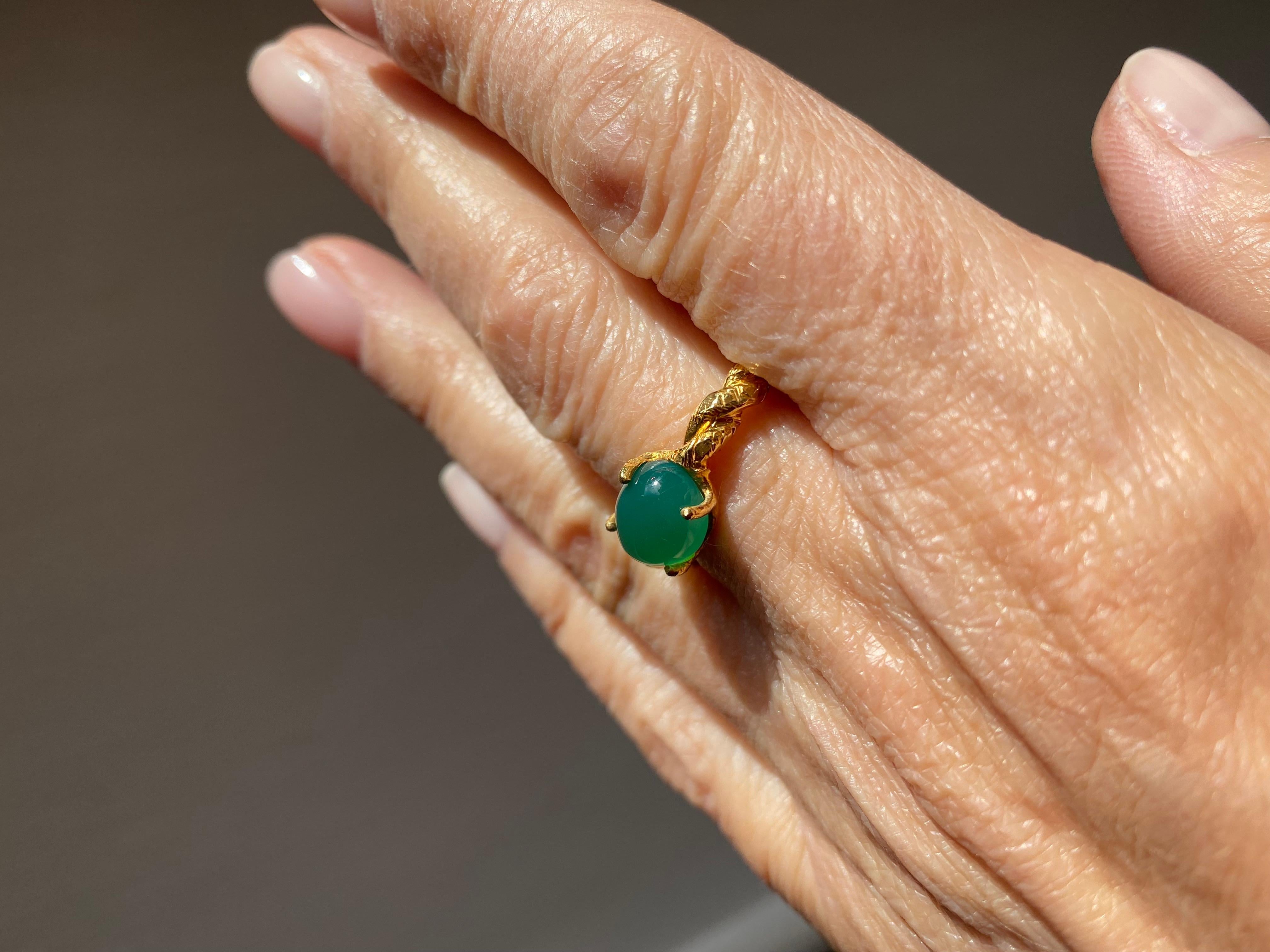 Cabochon Green Agate 18K Yellow Gold Unisex Artisan Band Ring For Sale