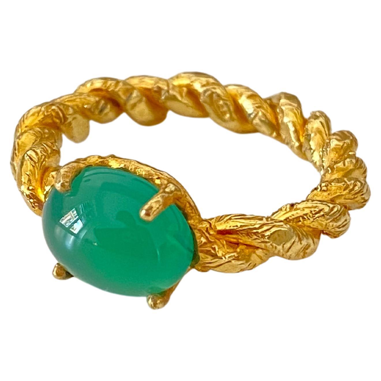 Green Agate 18K Yellow Gold Unisex Artisan Band Ring For Sale