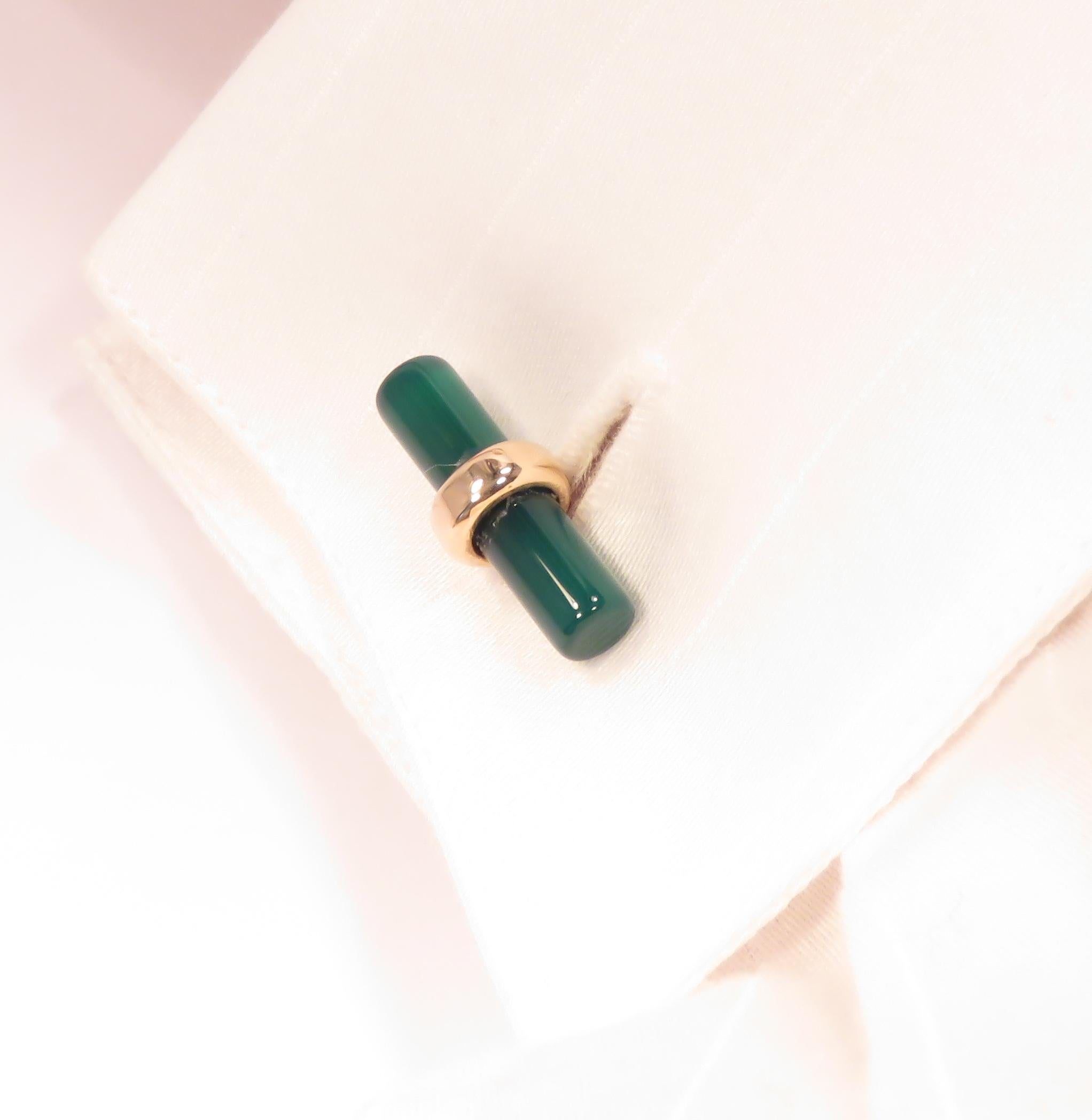 Contemporary Green Agate 9 Karat Rose Gold Bar Cufflinks Handcrafted in Italy