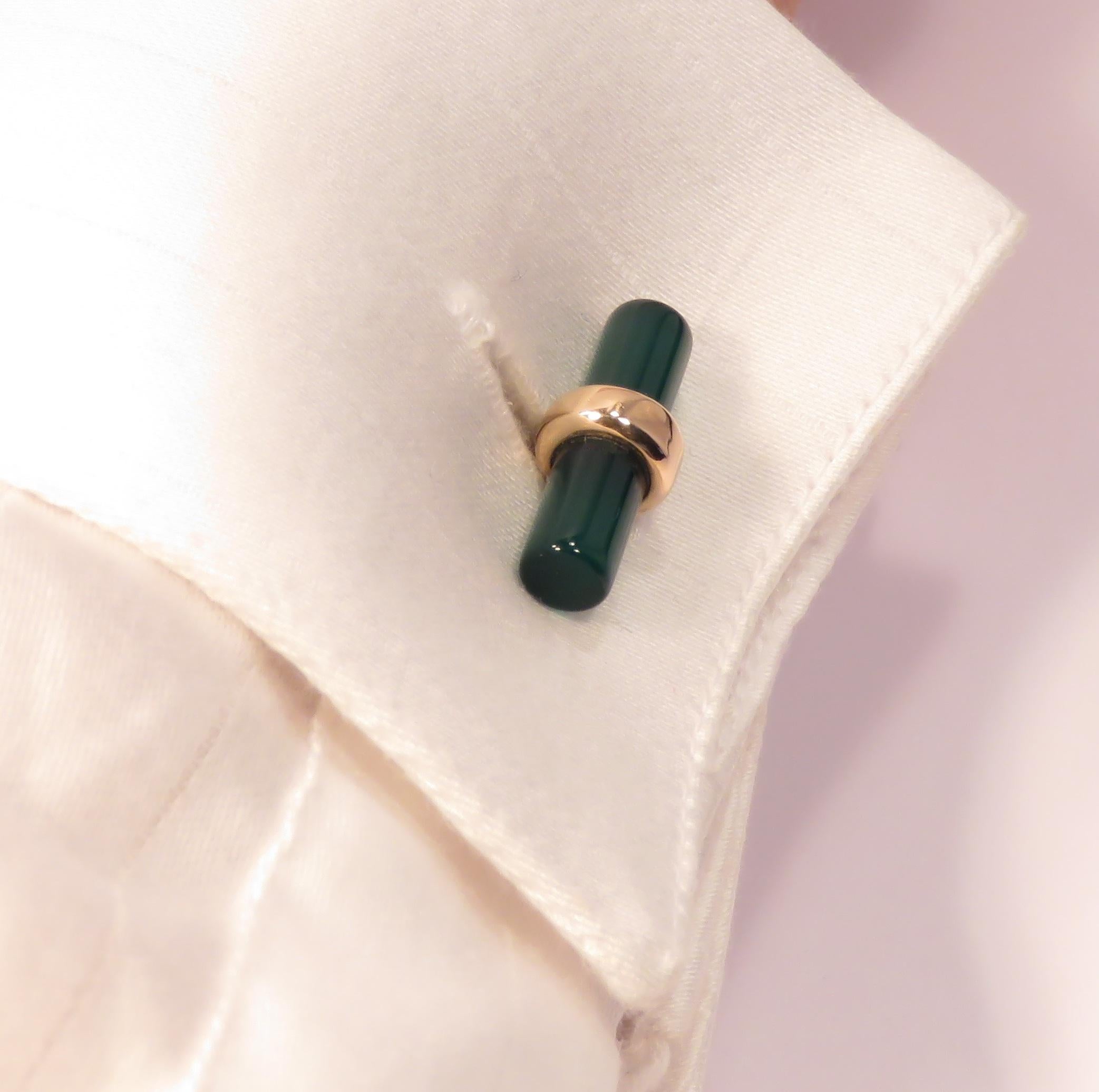 Uncut Green Agate 9 Karat Rose Gold Bar Cufflinks Handcrafted in Italy For Sale