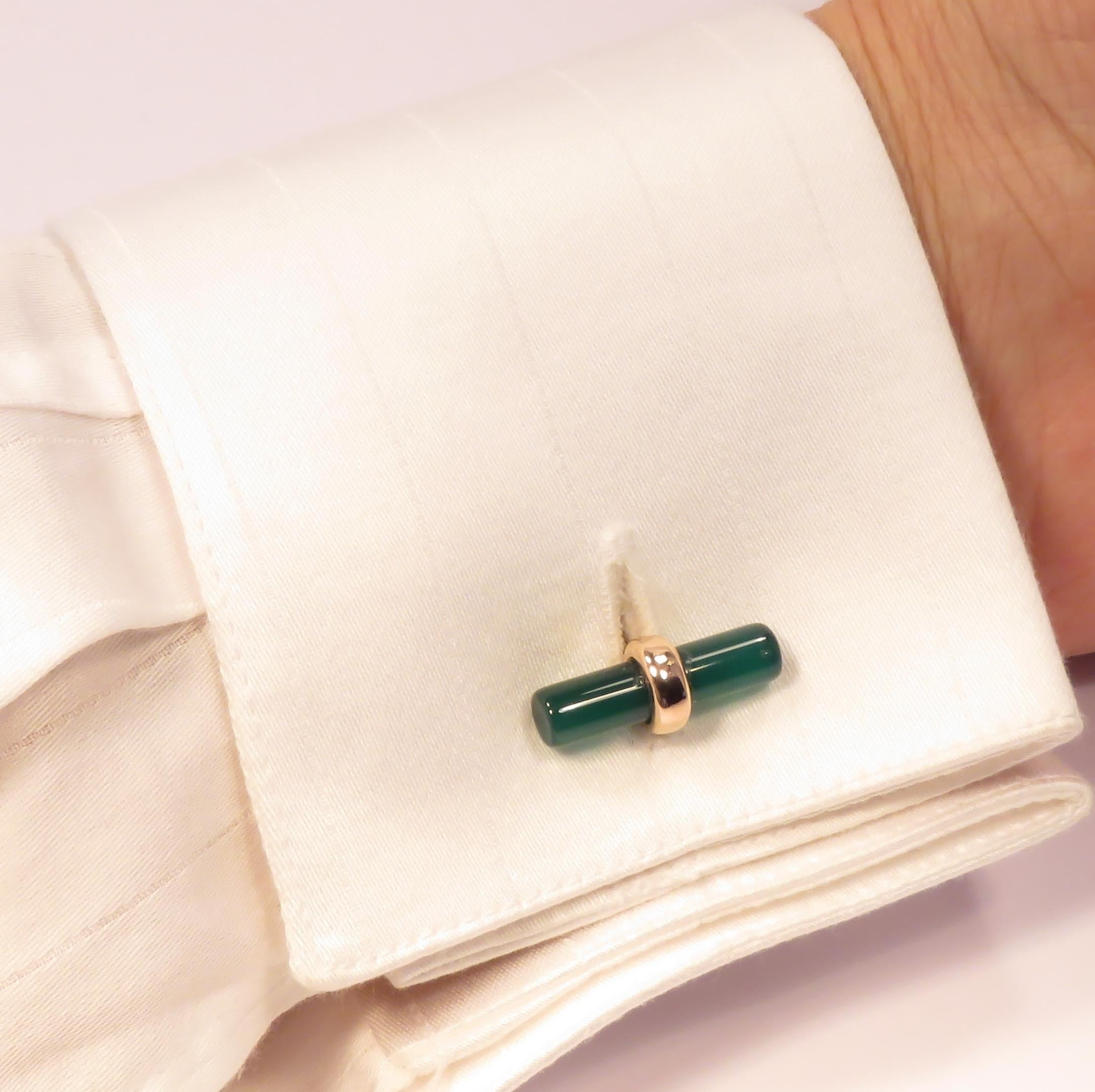 Women's or Men's Green Agate 9 Karat Rose Gold Bar Cufflinks Handcrafted in Italy For Sale