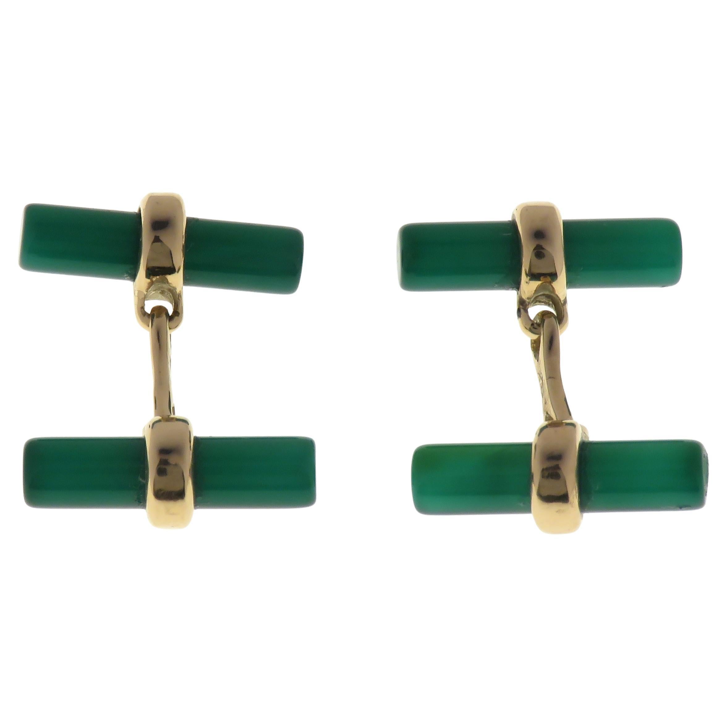 Boutons de manchette barre en or rose 9 carats et agate verte, fabriqués à la main en Italie en vente