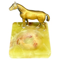 Green Agate and Bronze Horse Statue Ashtray Jewelry Tray