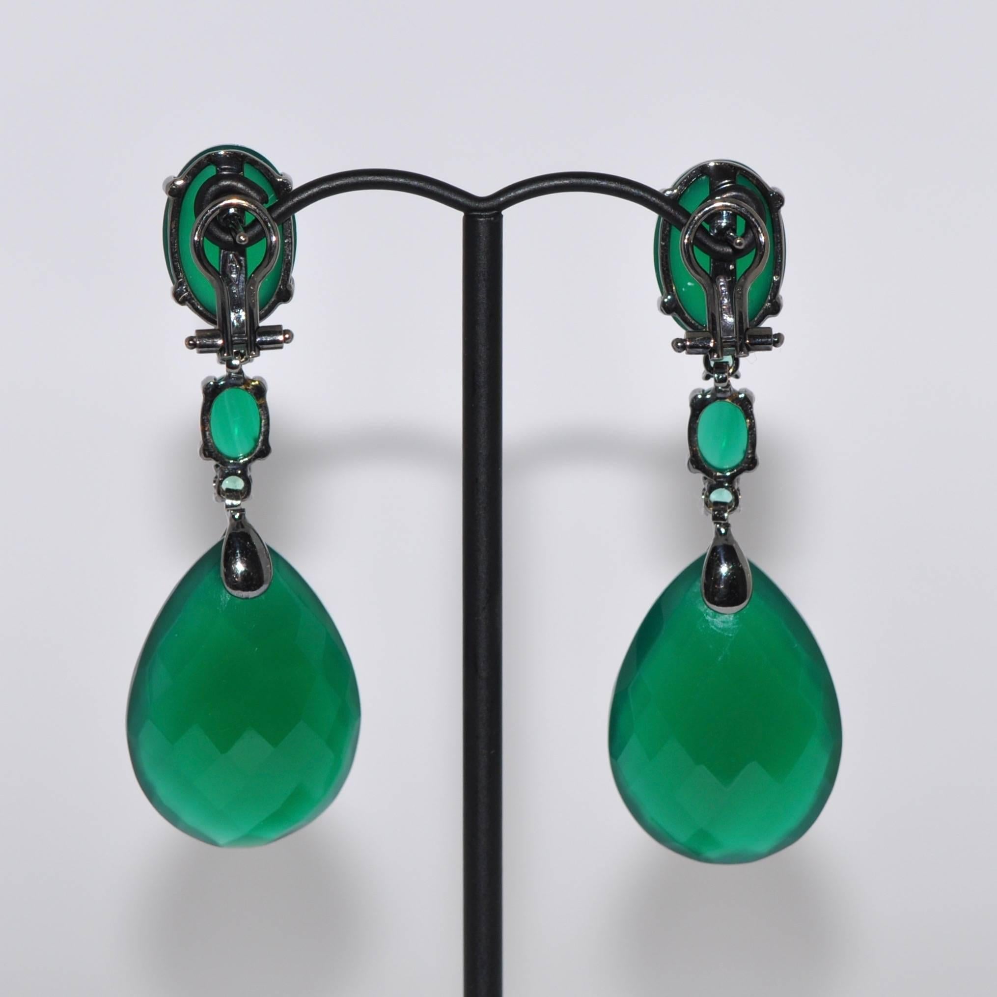 Briolette Cut Green Agate and Emerald on Black Gold Chandelier Earrings For Sale