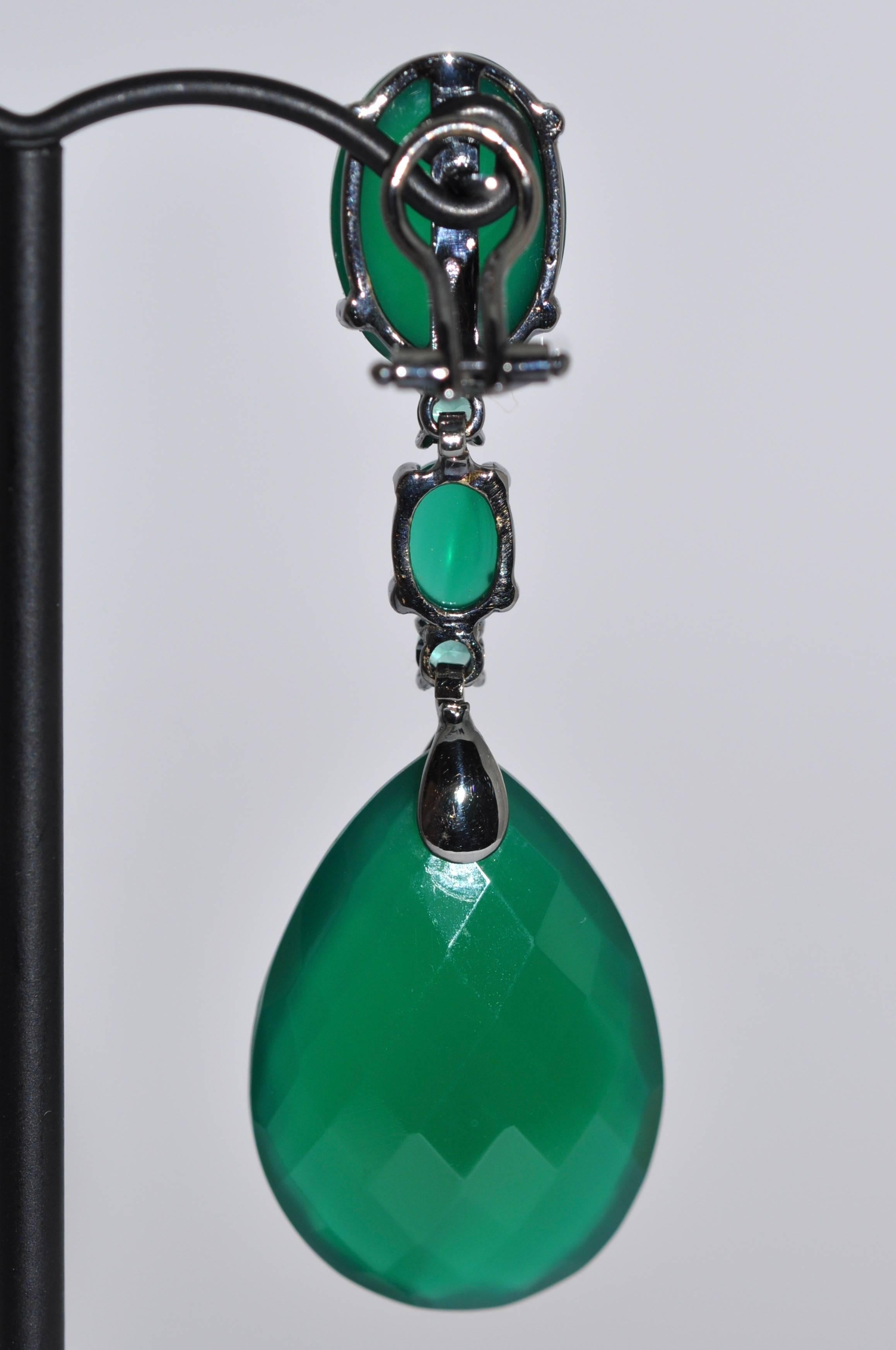 Green Agate and Emerald on Black Gold Chandelier Earrings 2