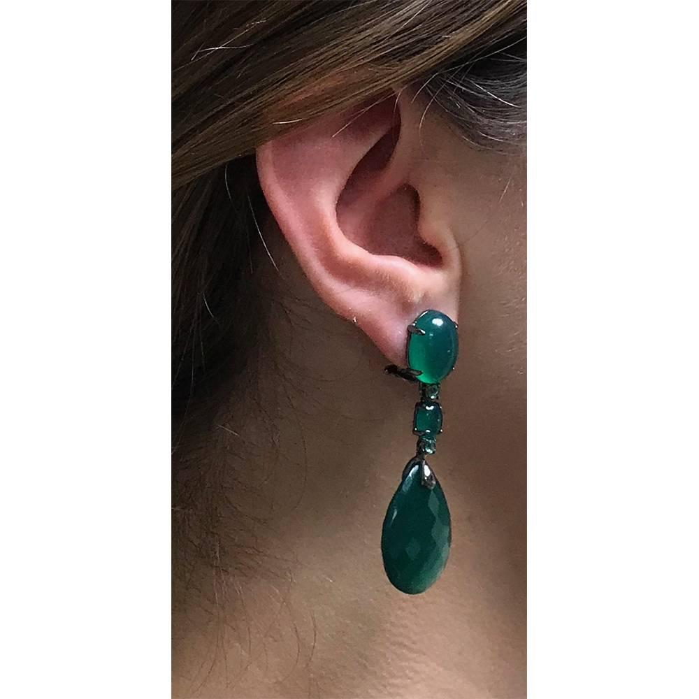 Women's Green Agate and Emerald on Black Gold Chandelier Earrings For Sale