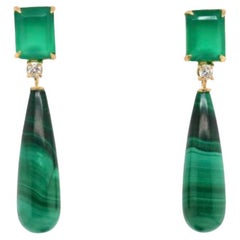 Green Agate and Malachite Earrings Adorned with 0.14 Carat Diamonds