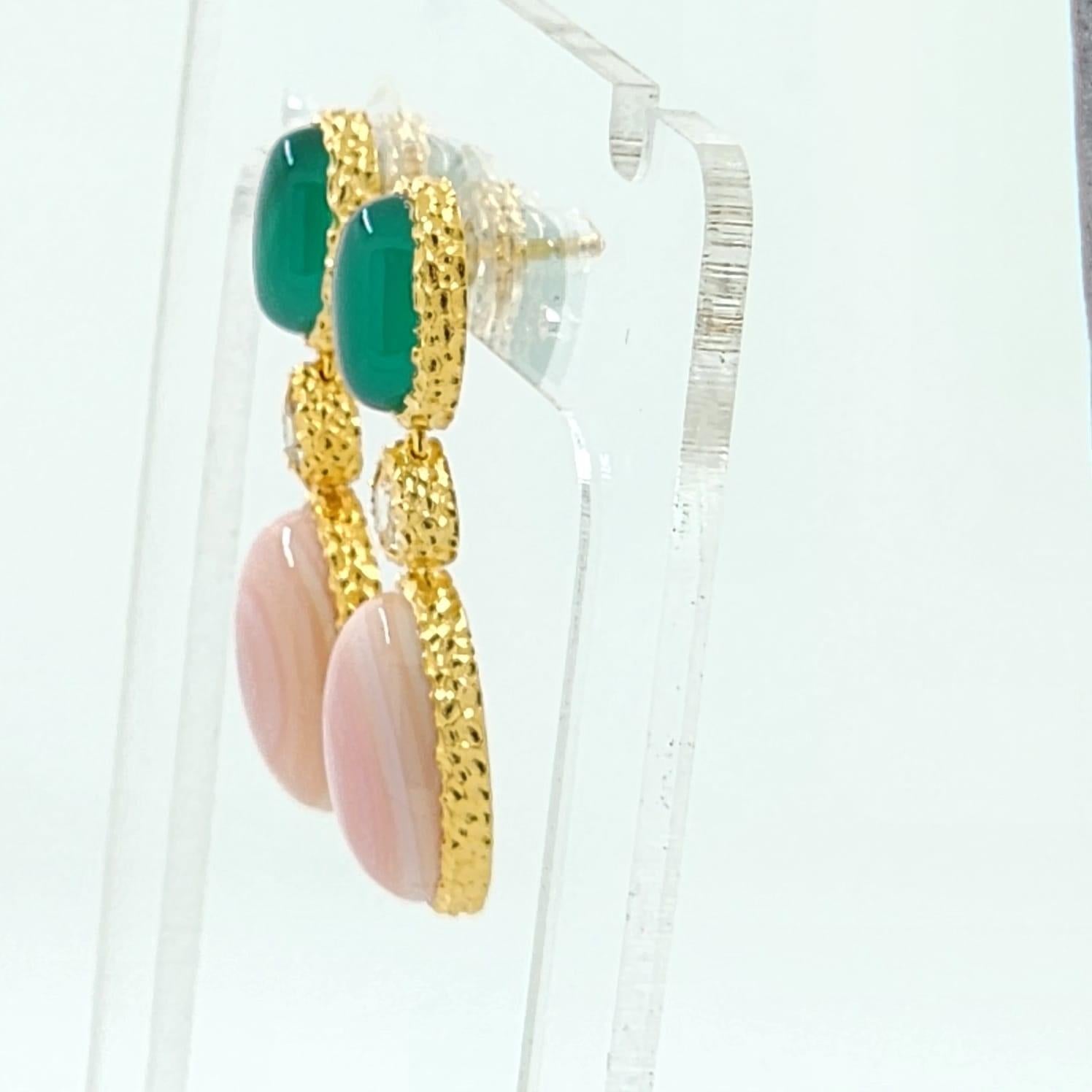Contemporary Green Agate and Pink Shell Drop Earring in 18K Gold Vermeil Sterling Silver