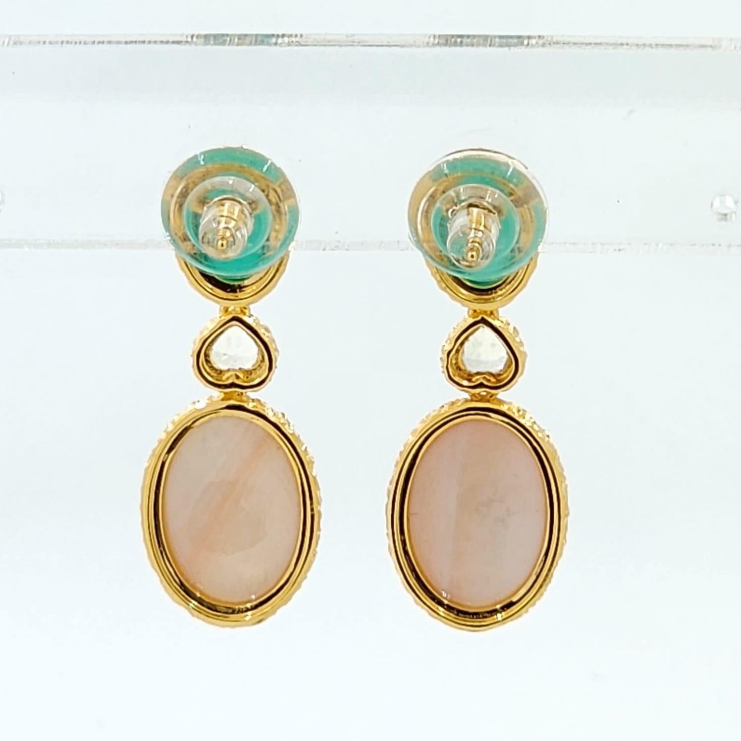 Cabochon Green Agate and Pink Shell Drop Earring in 18K Gold Vermeil Sterling Silver